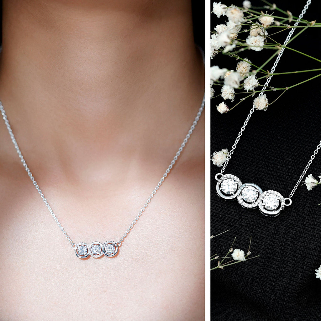 Certified Round Moissanite 3 Stone Bar Necklace with Silver Chain