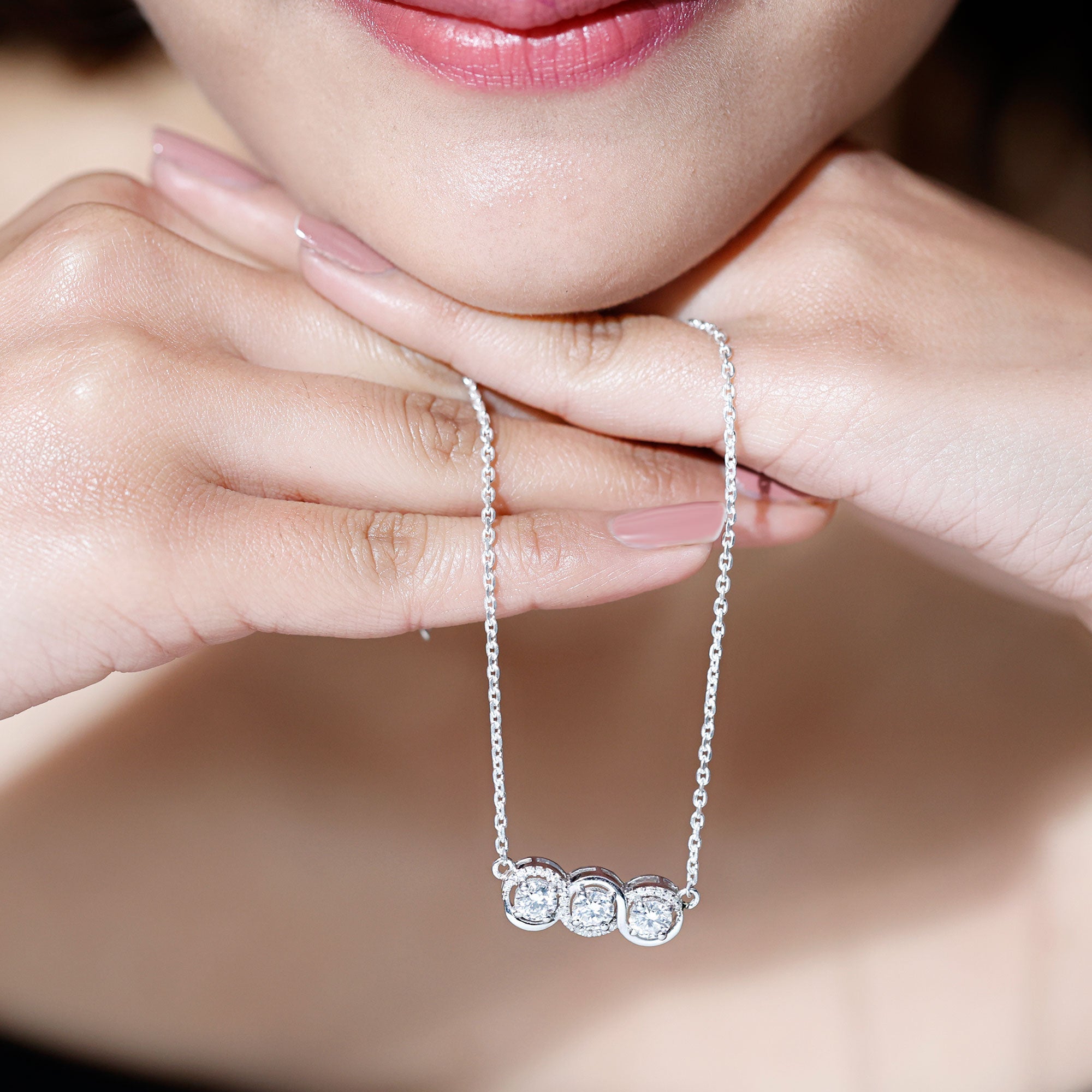 Certified Round Moissanite 3 Stone Bar Necklace with Silver Chain