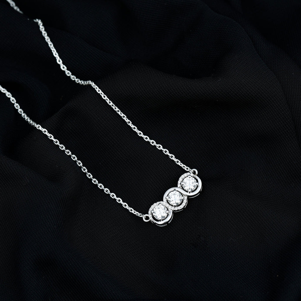 Certified Round Moissanite 3 Stone Bar Necklace with Silver Chain