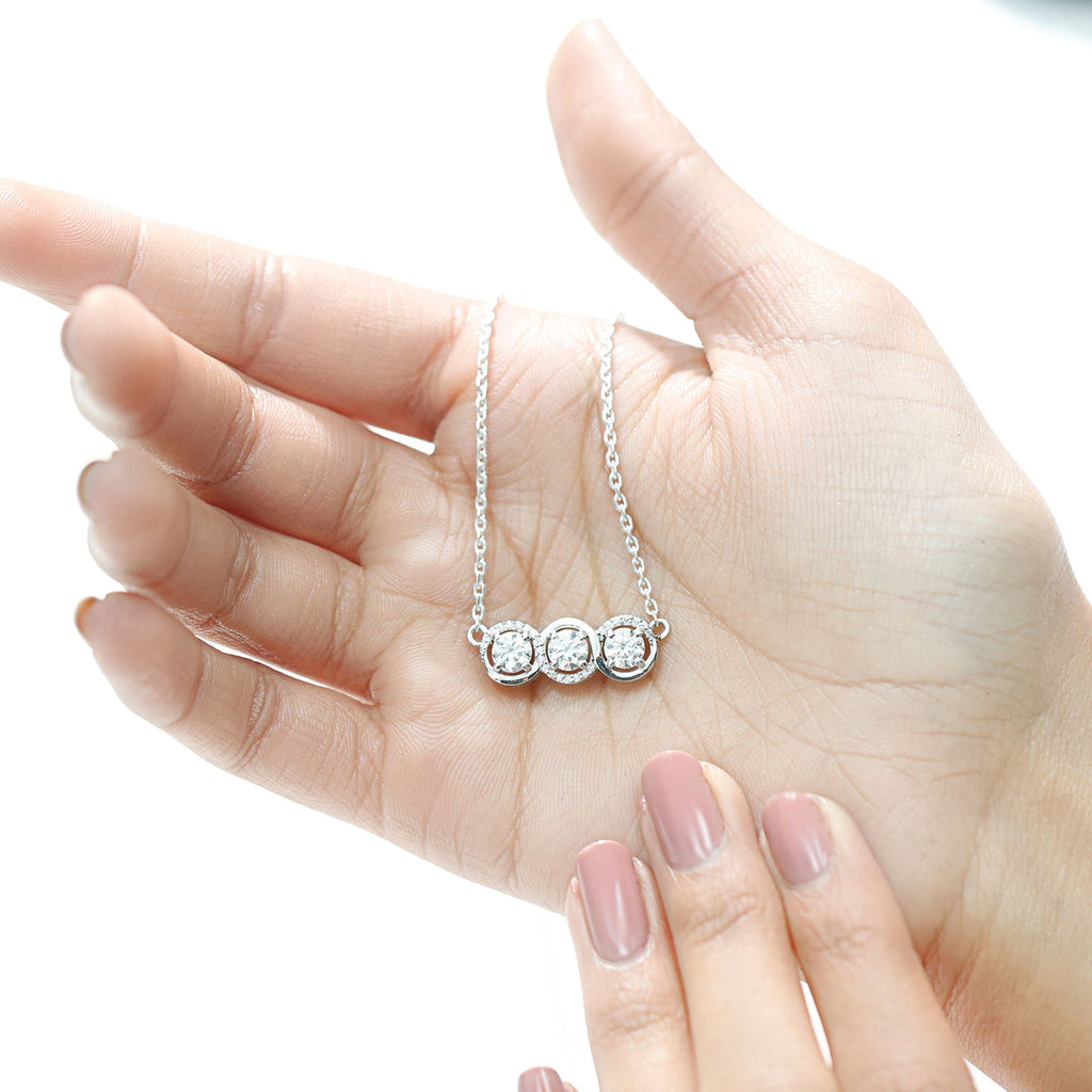 Certified Round Moissanite 3 Stone Bar Necklace with Silver Chain