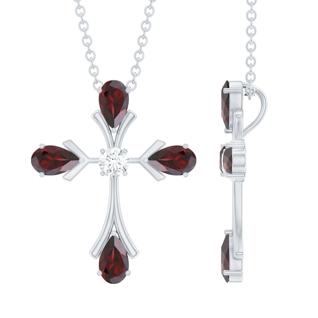 Real Garnet and Moissanite Designer Cross Necklace with Silver Chain