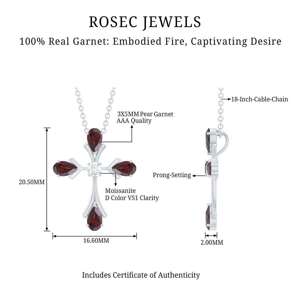 Real Garnet and Moissanite Designer Cross Necklace with Silver Chain