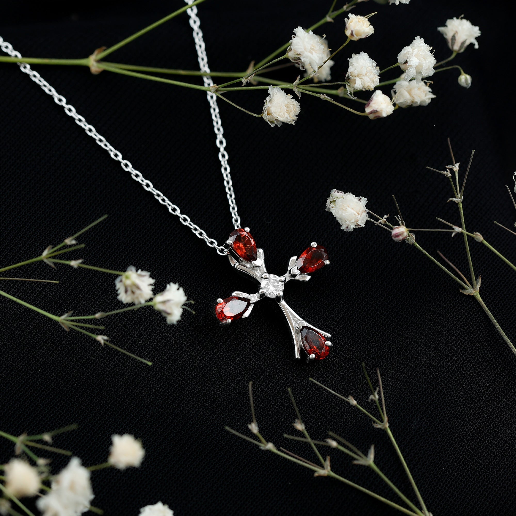 Real Garnet and Moissanite Designer Cross Necklace with Silver Chain