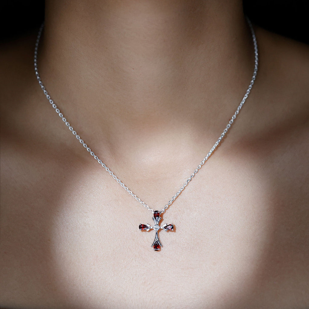 Real Garnet and Moissanite Designer Cross Necklace with Silver Chain