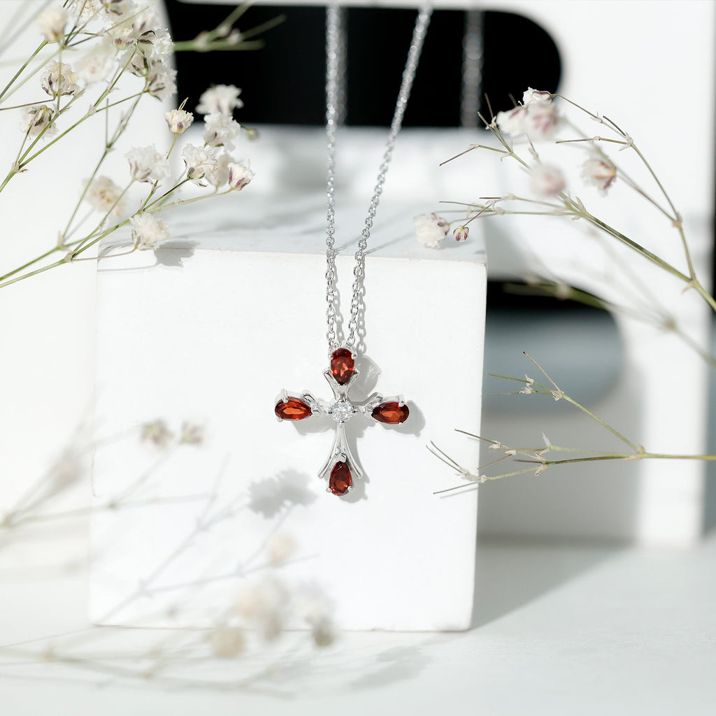 Real Garnet and Moissanite Designer Cross Necklace with Silver Chain