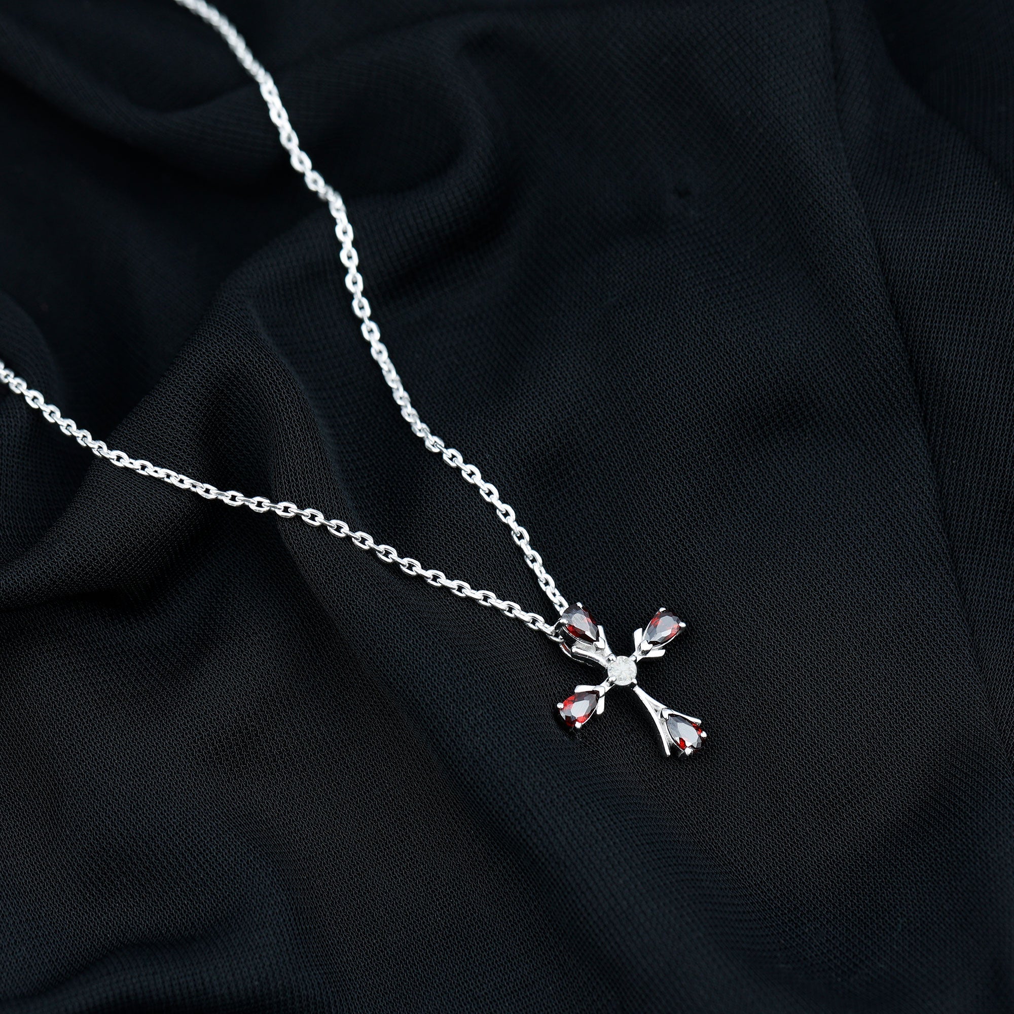 Real Garnet and Moissanite Designer Cross Necklace with Silver Chain