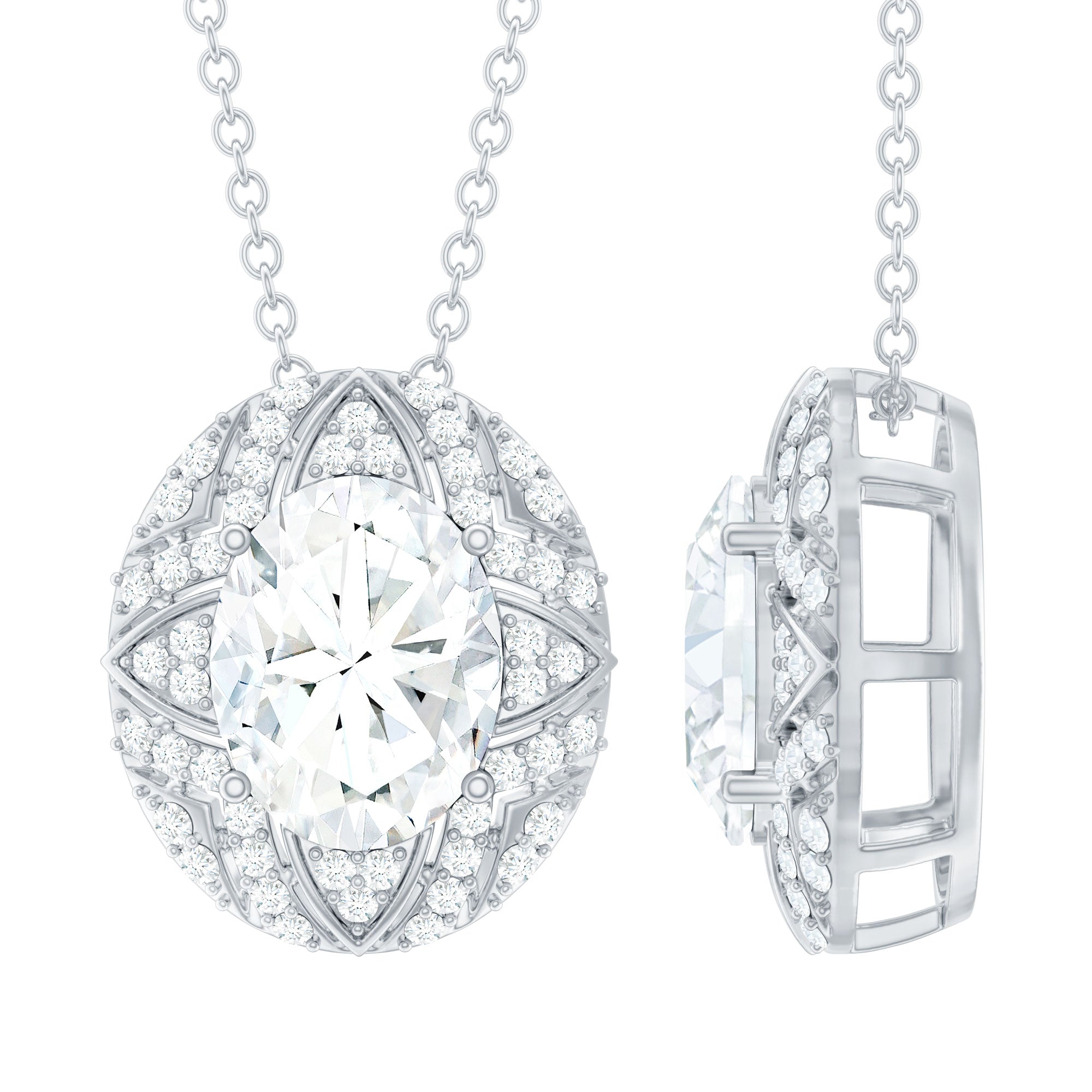 Art Deco Style Moissanite Designer Necklace with Silver Chain