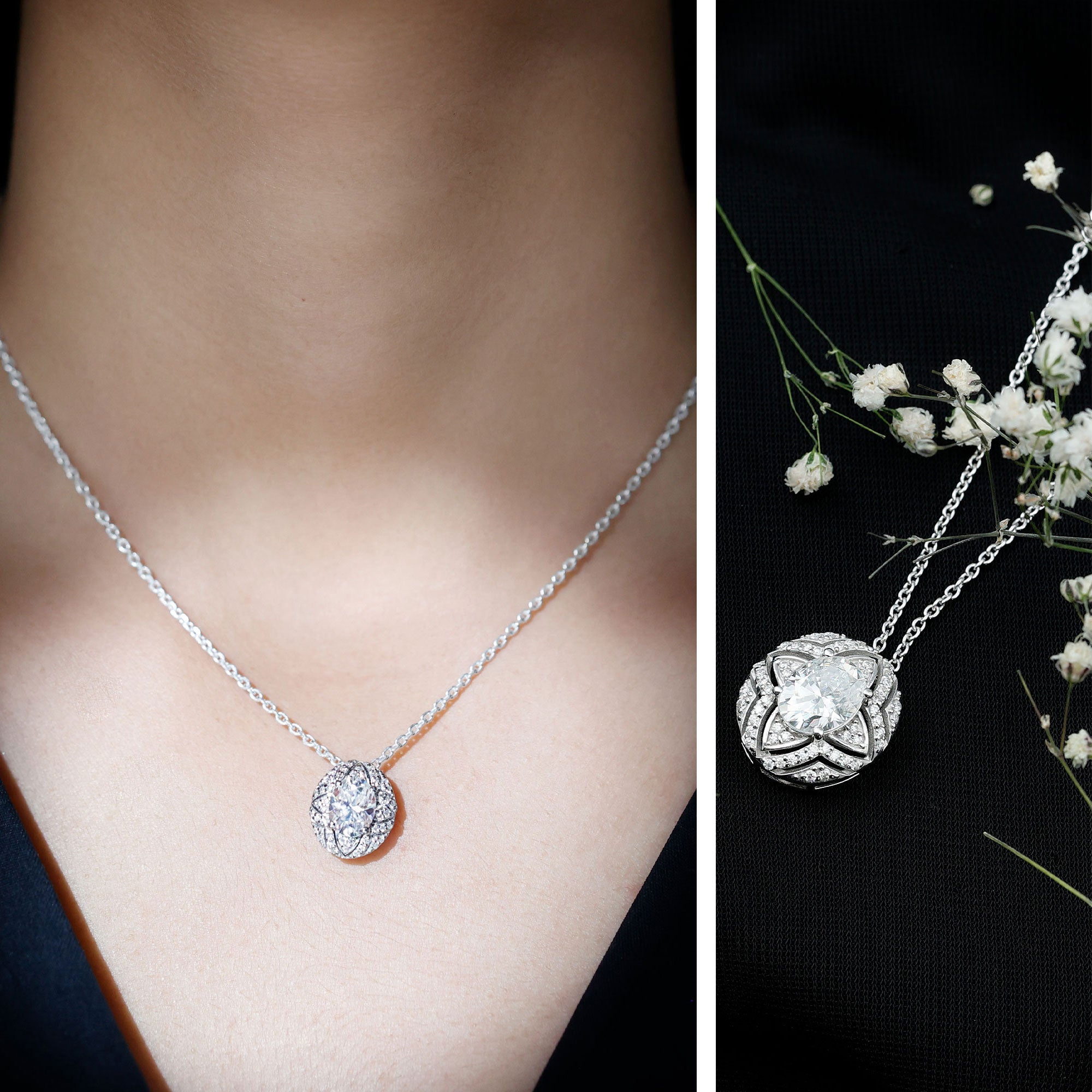 Art Deco Style Moissanite Designer Necklace with Silver Chain