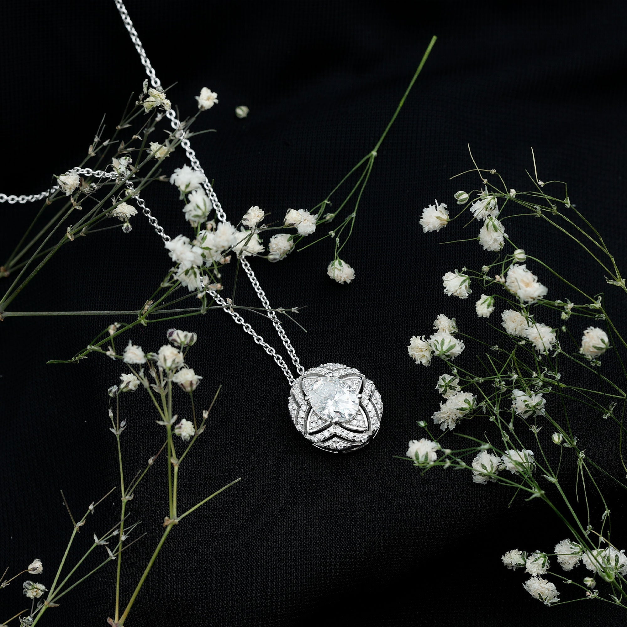 Art Deco Style Moissanite Designer Necklace with Silver Chain