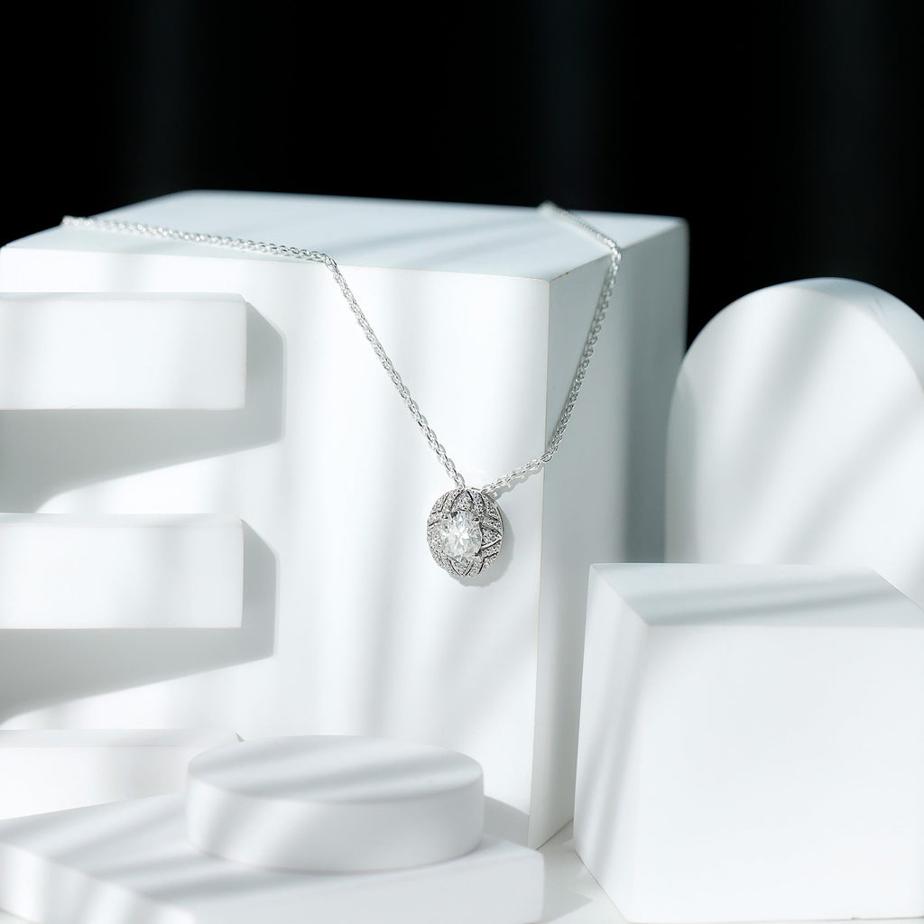 Art Deco Style Moissanite Designer Necklace with Silver Chain