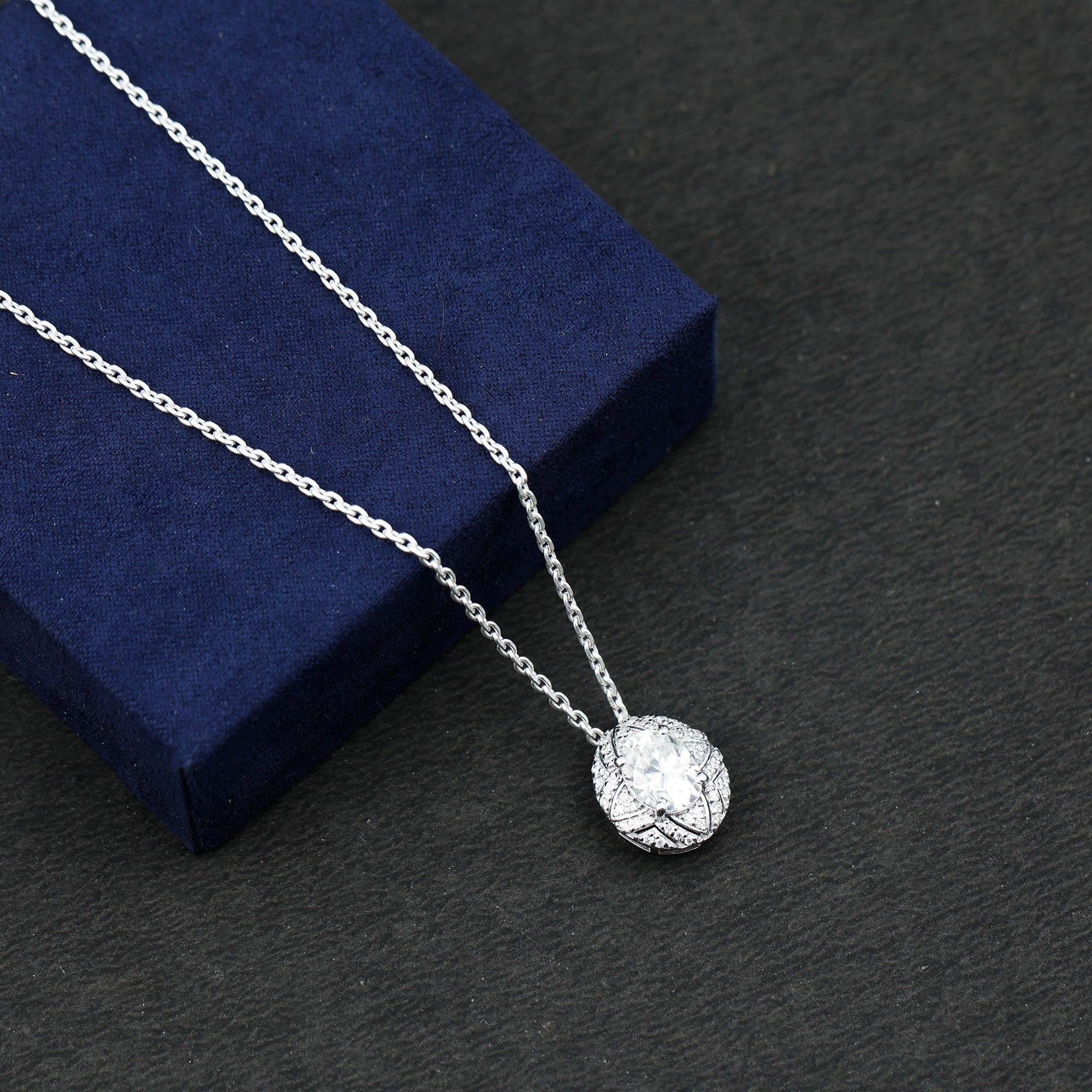 Art Deco Style Moissanite Designer Necklace with Silver Chain