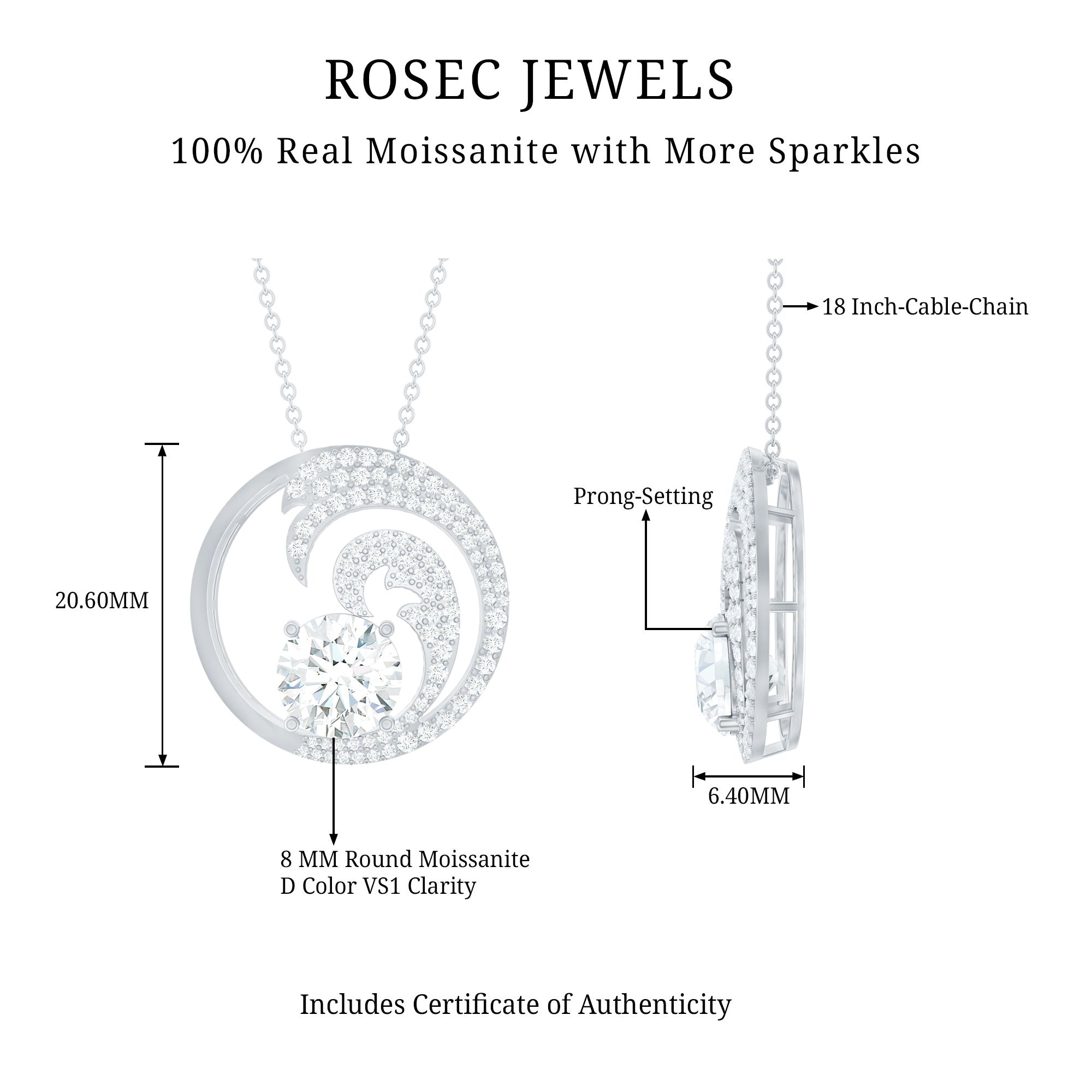 Certified 2 CT Moissanite Ocean Wave Necklace with Chain