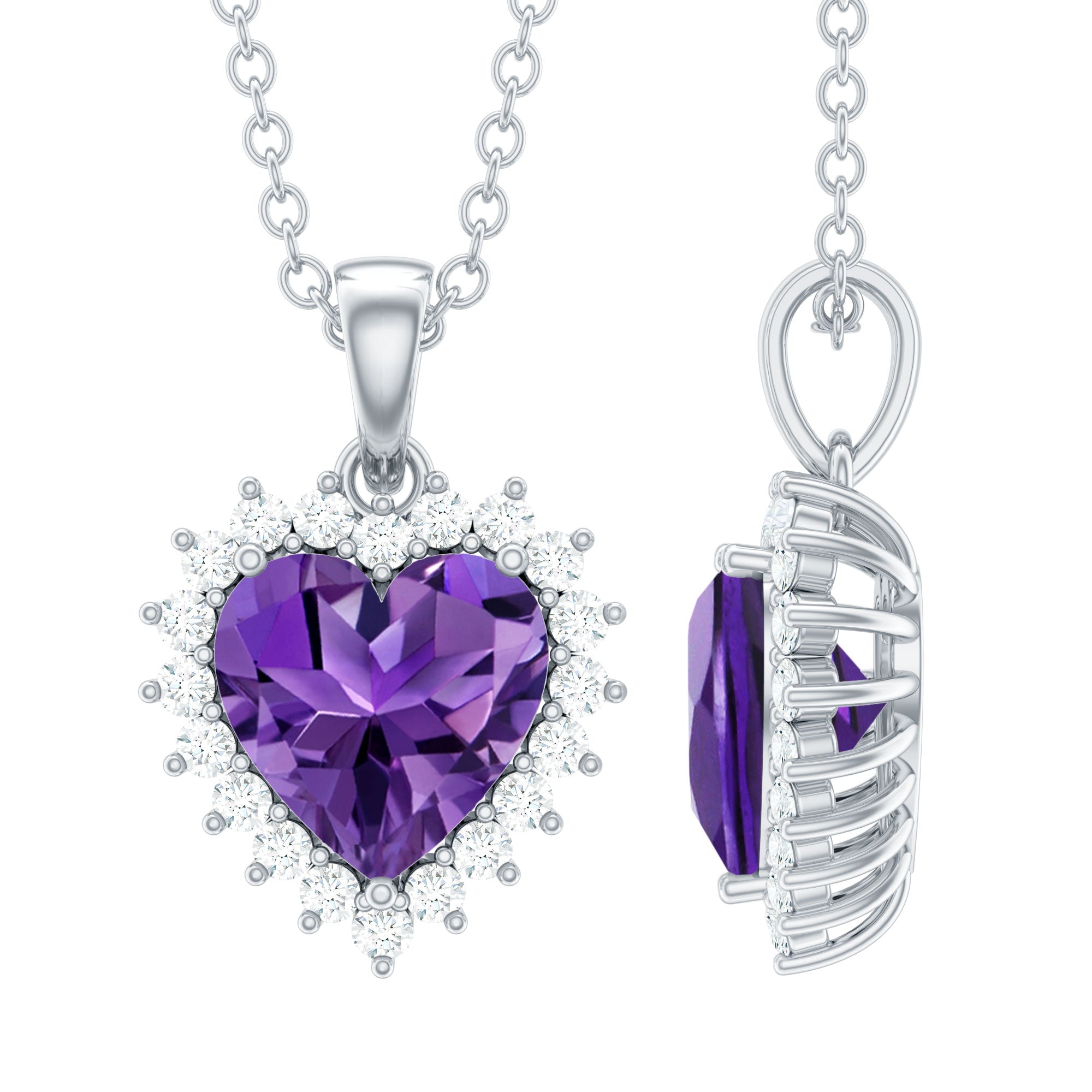 Natural 8 MM Amethyst Heart Necklace with Moissanite Halo