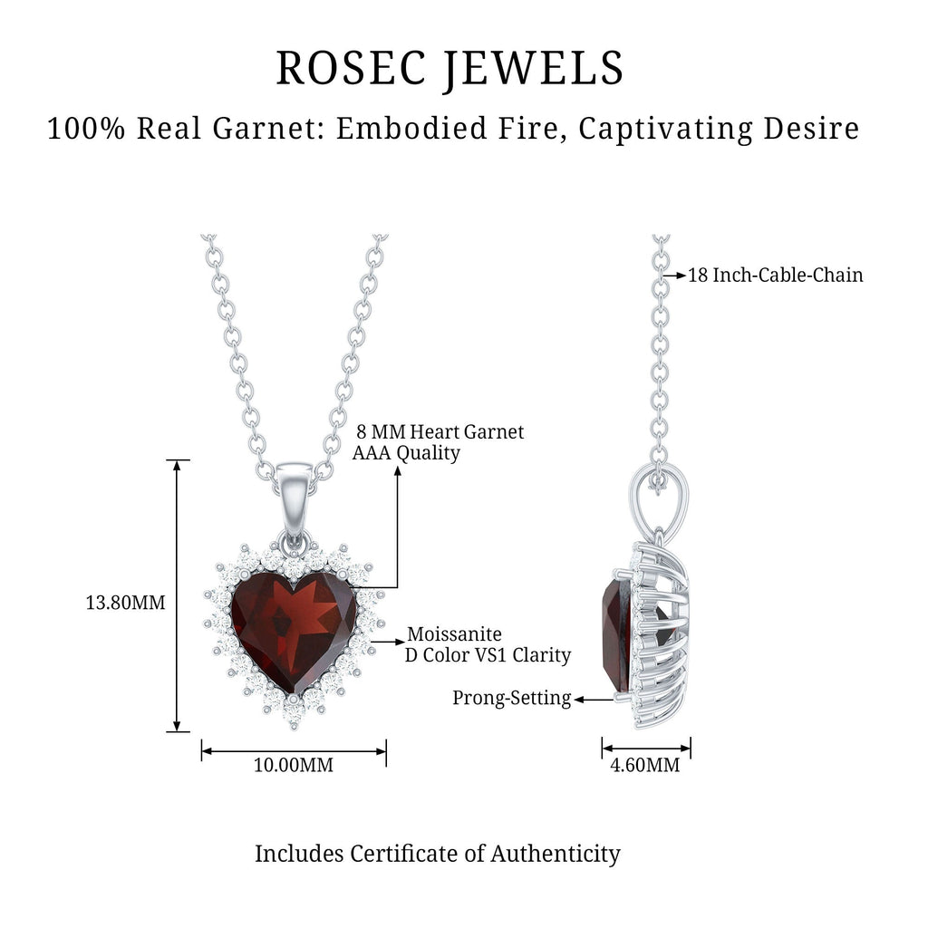 Real 8 MM Garnet Heart Pendant Necklace With Silver Chain
