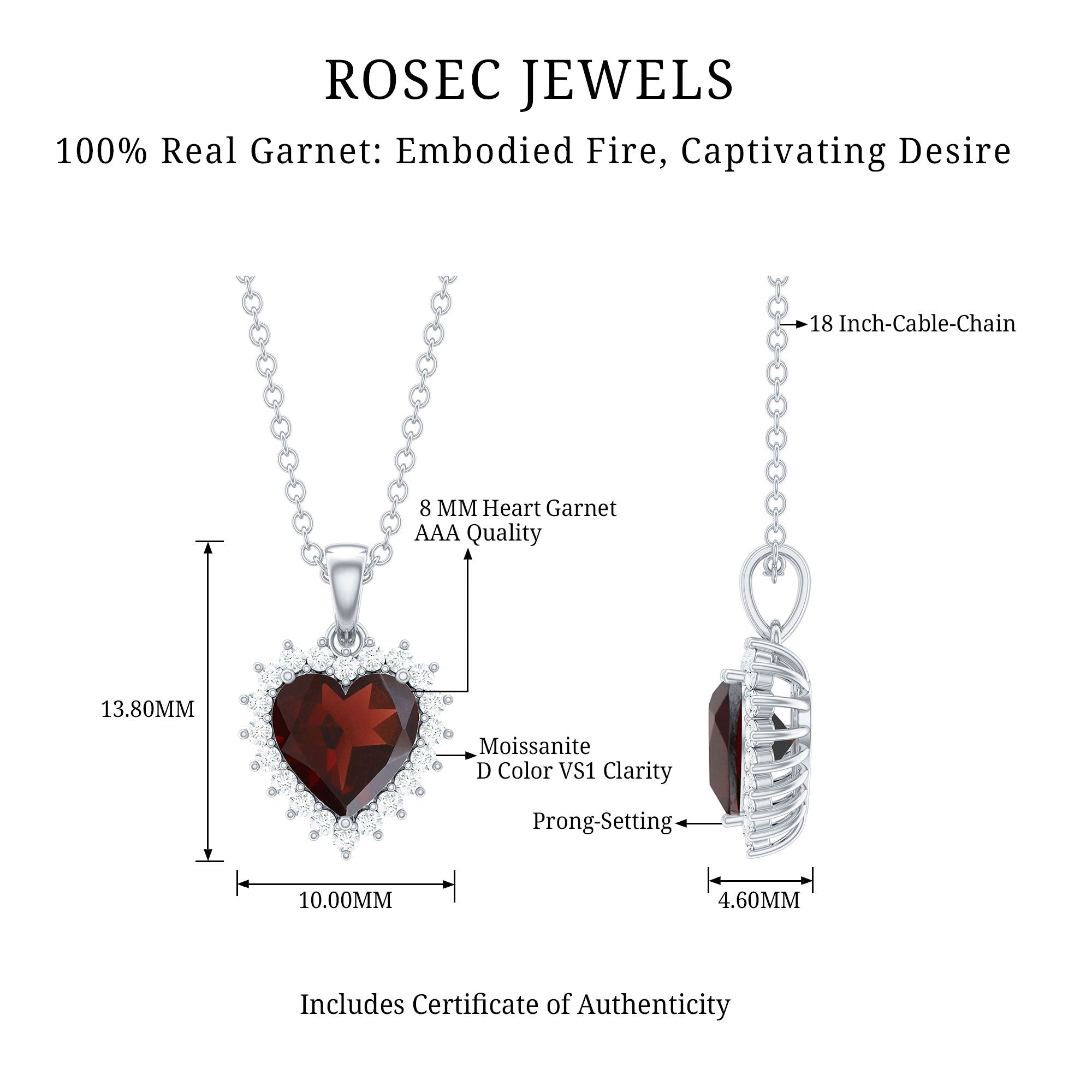 Real 8 MM Garnet Heart Pendant Necklace With Silver Chain