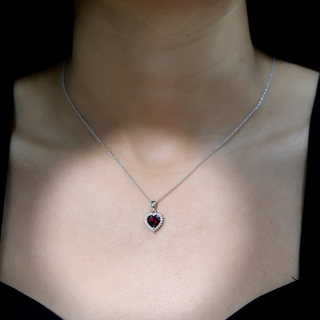 Real 8 MM Garnet Heart Pendant Necklace With Silver Chain