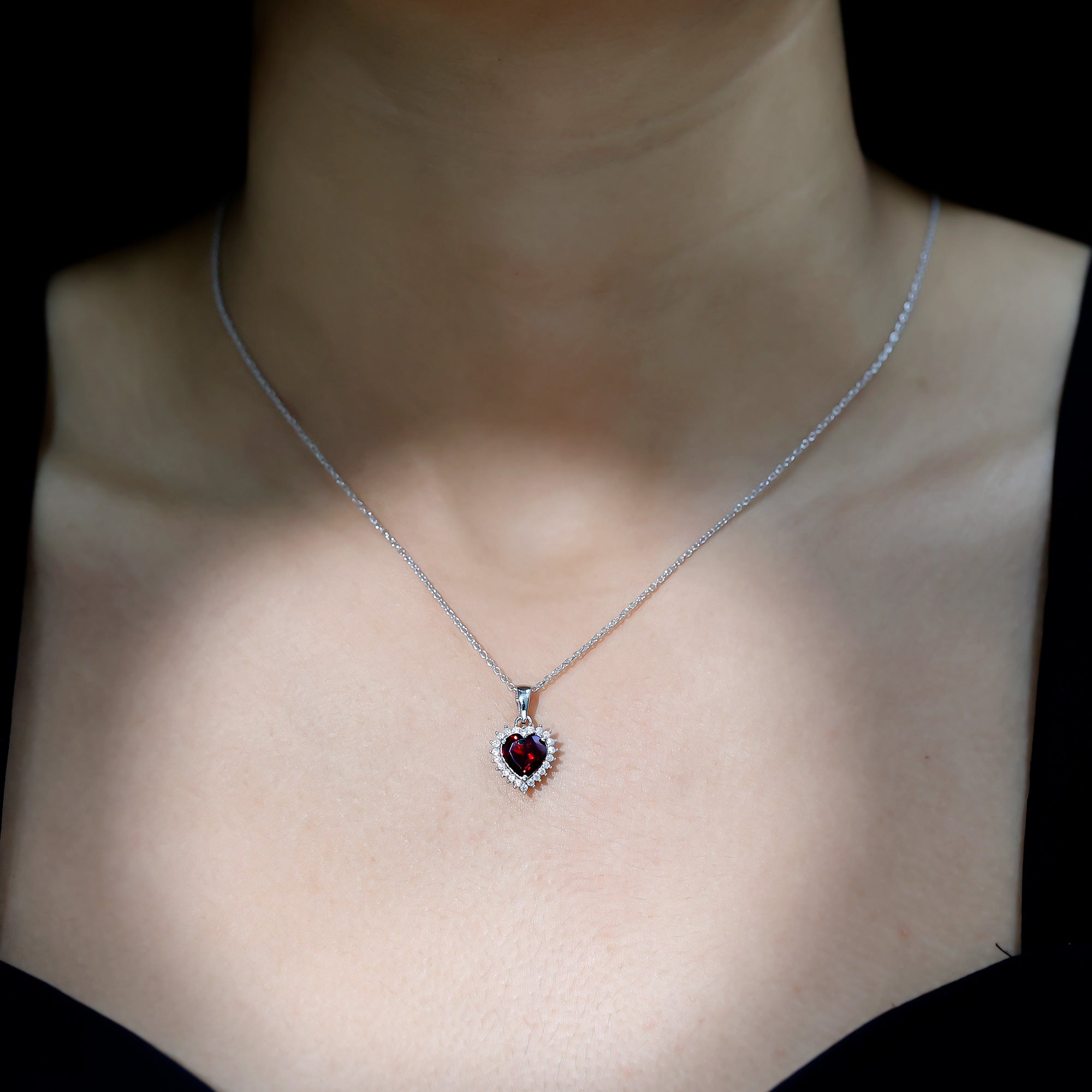 Real 8 MM Garnet Heart Pendant Necklace With Silver Chain