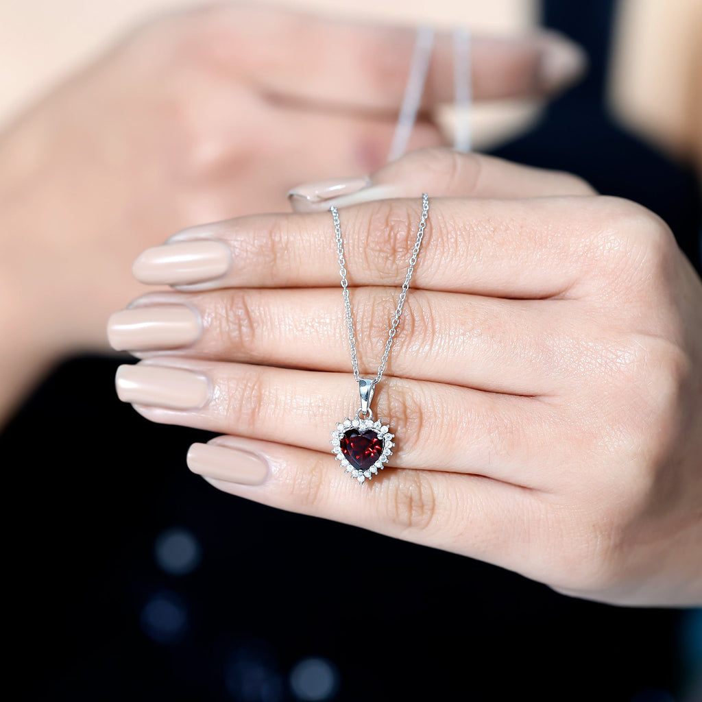Real 8 MM Garnet Heart Pendant Necklace With Silver Chain