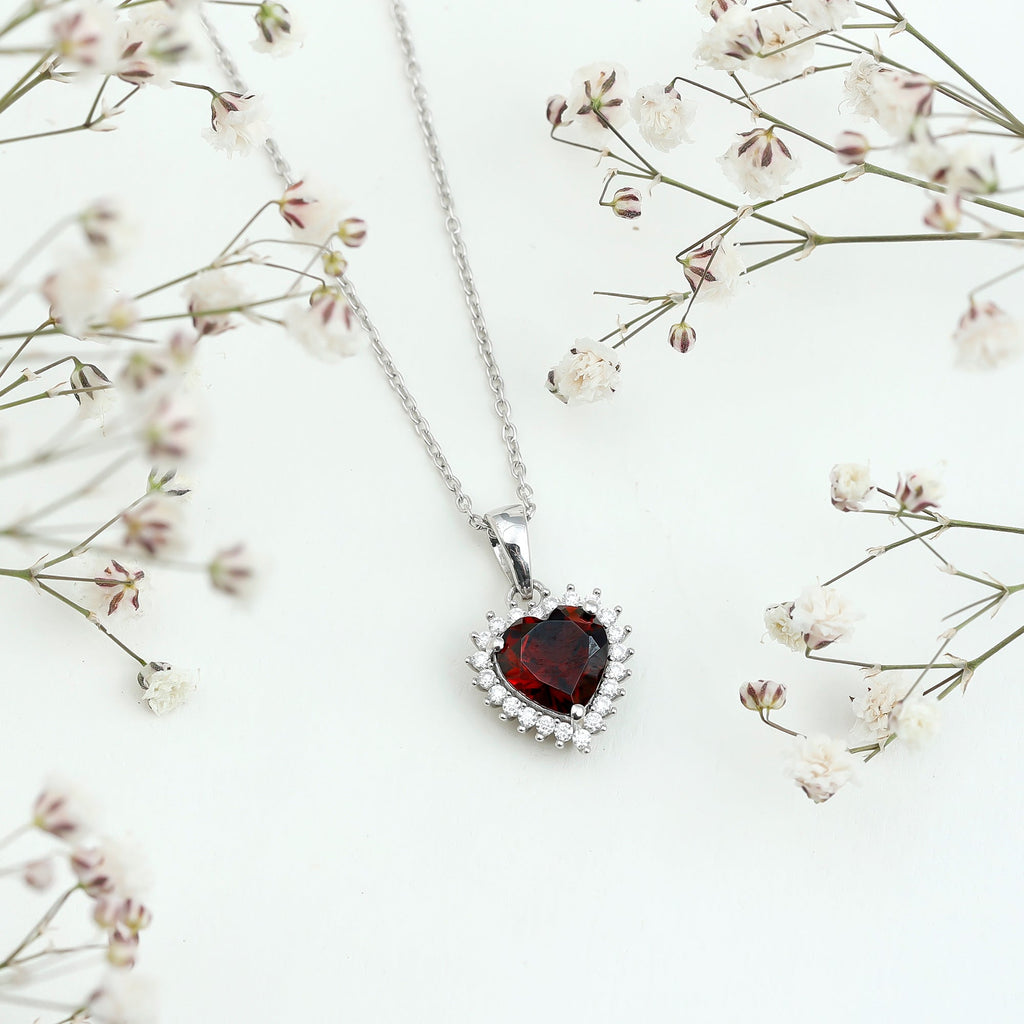 Real 8 MM Garnet Heart Pendant Necklace With Silver Chain