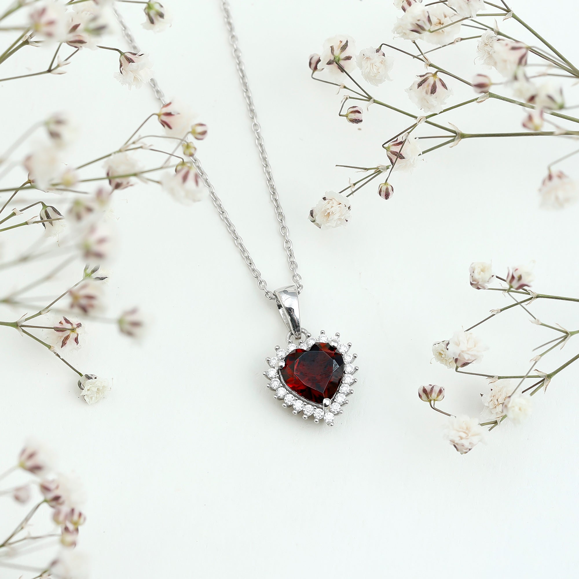 Real 8 MM Garnet Heart Pendant Necklace With Silver Chain