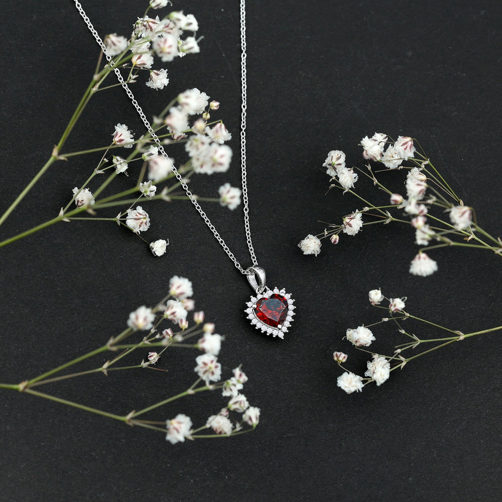 Real 8 MM Garnet Heart Pendant Necklace With Silver Chain