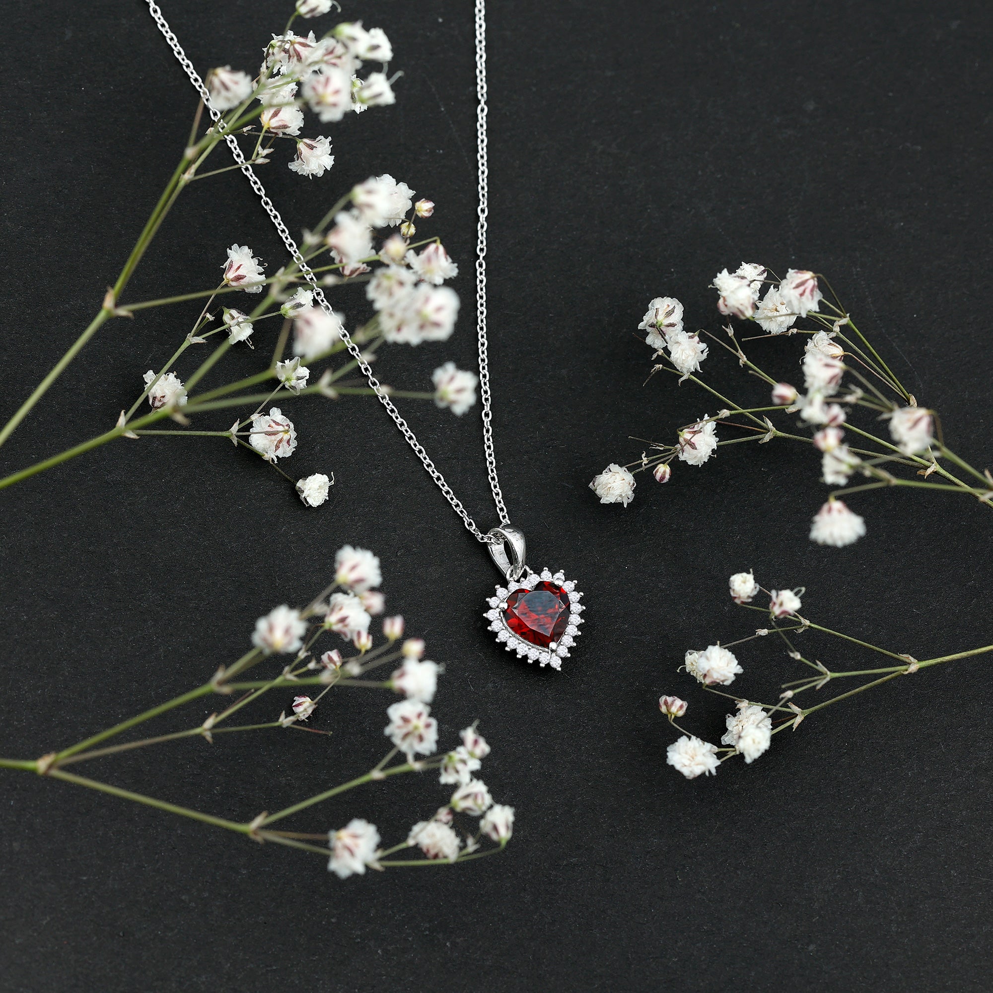 Real 8 MM Garnet Heart Pendant Necklace With Silver Chain