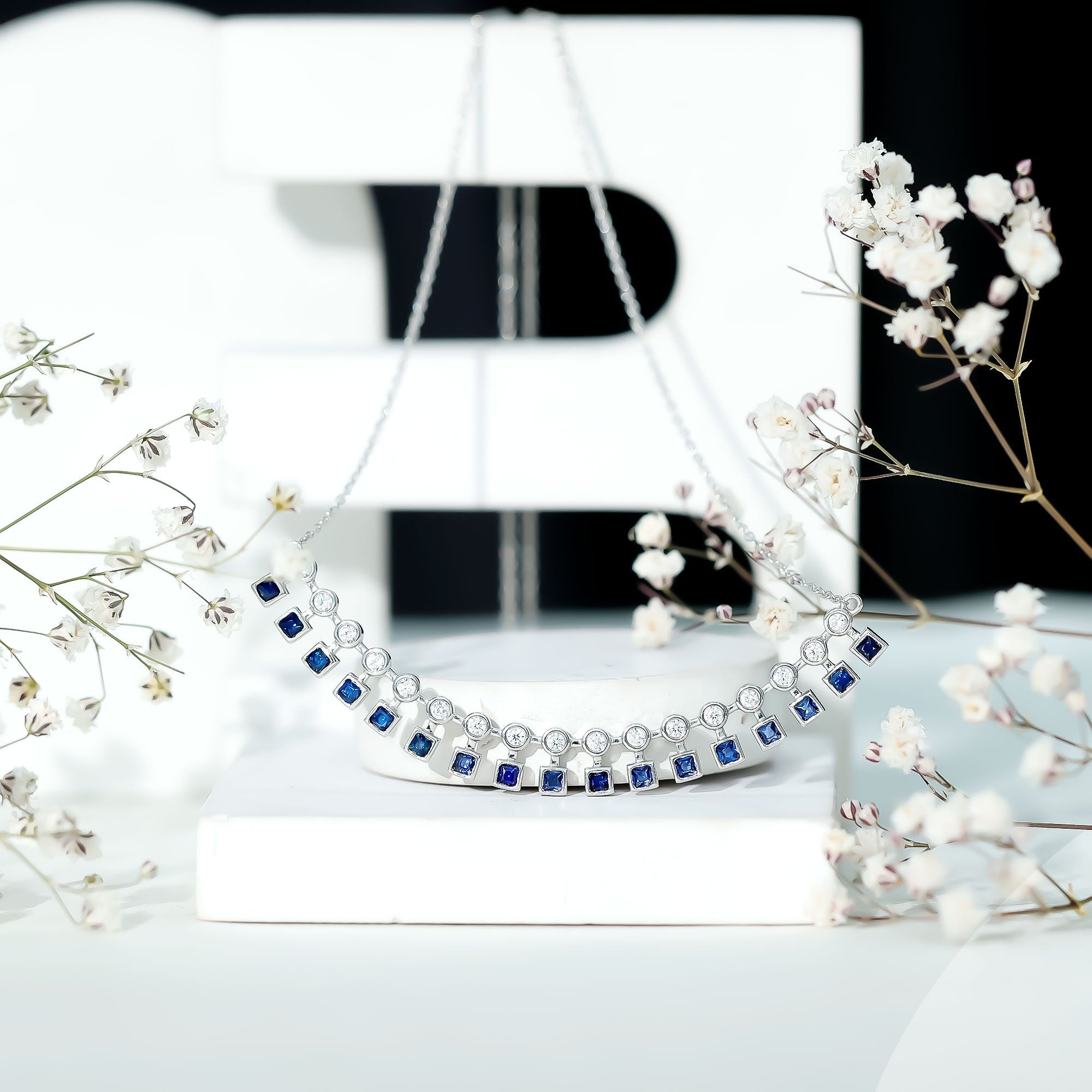 Lab Created Blue Sapphire Curved Bar Necklace for Wedding
