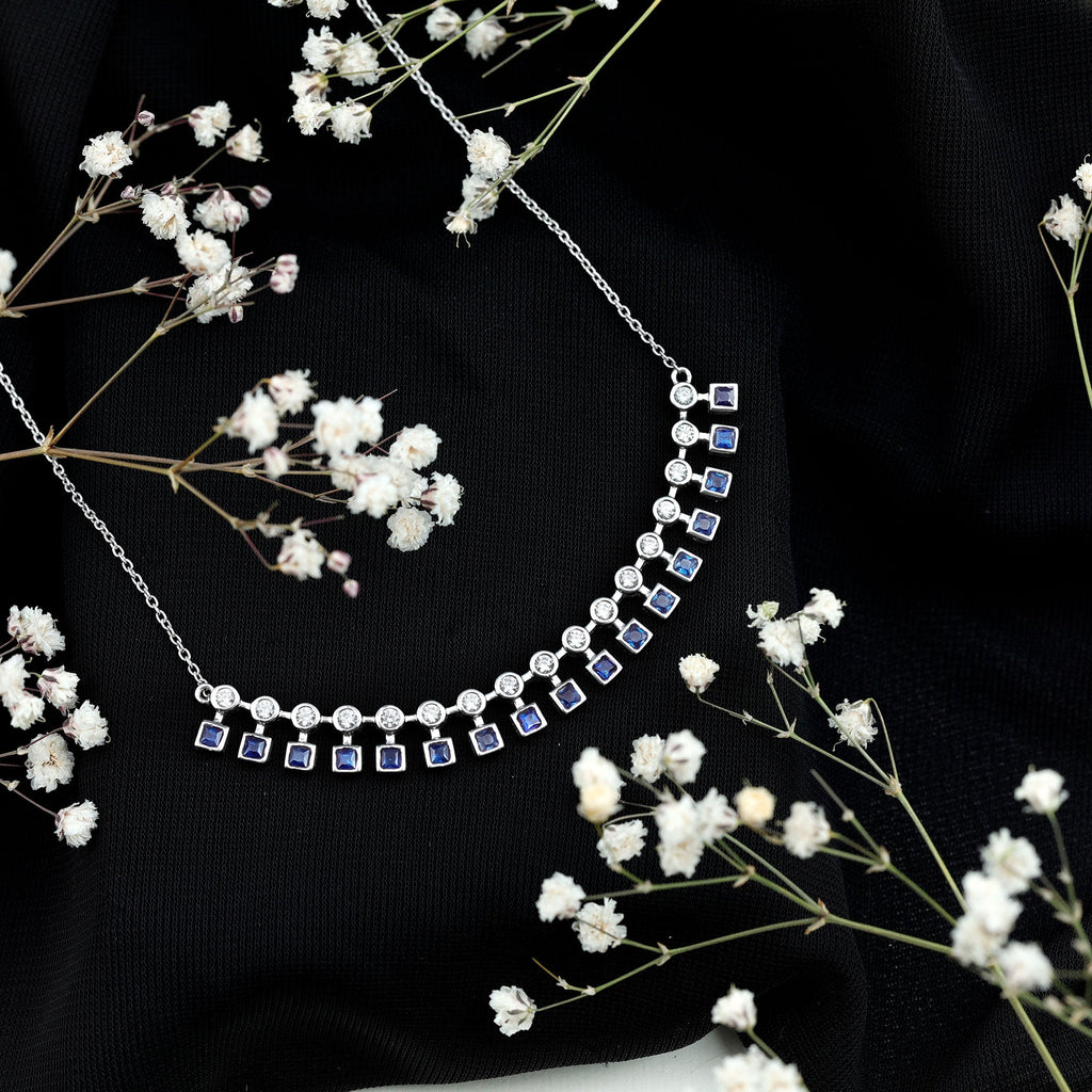 Lab Created Blue Sapphire Curved Bar Necklace for Wedding