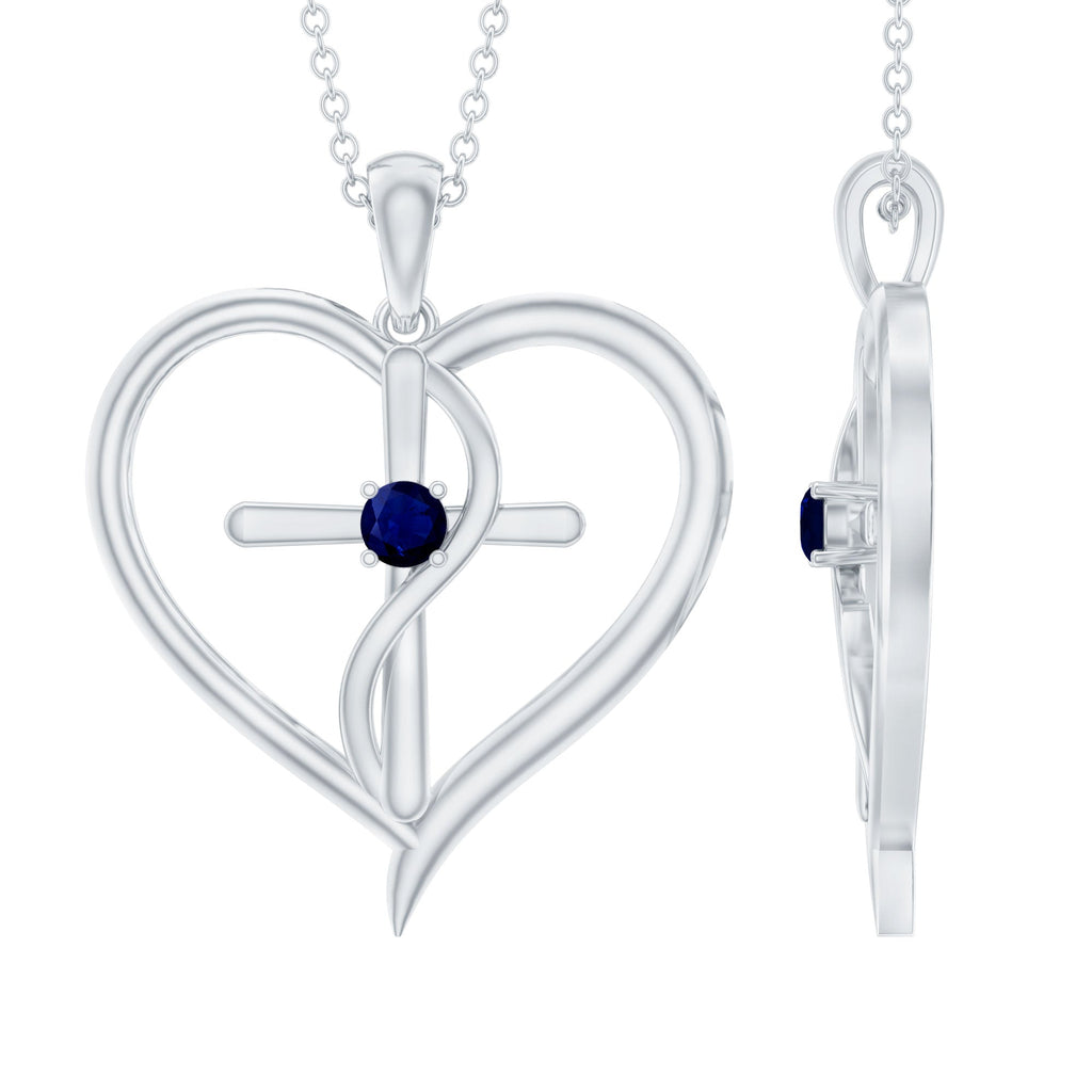 Natural Blue Sapphire Heart Cross Necklace for Women