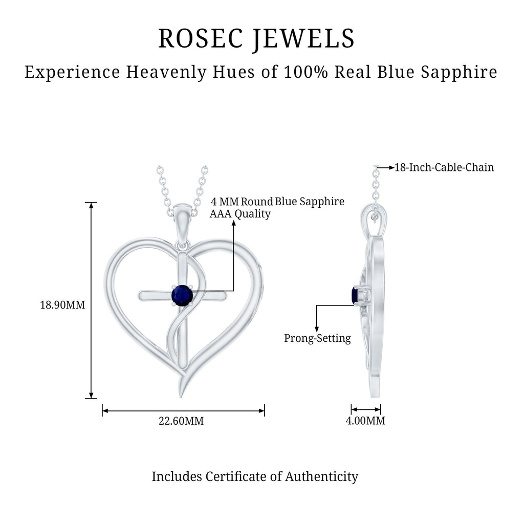 Natural Blue Sapphire Heart Cross Necklace for Women