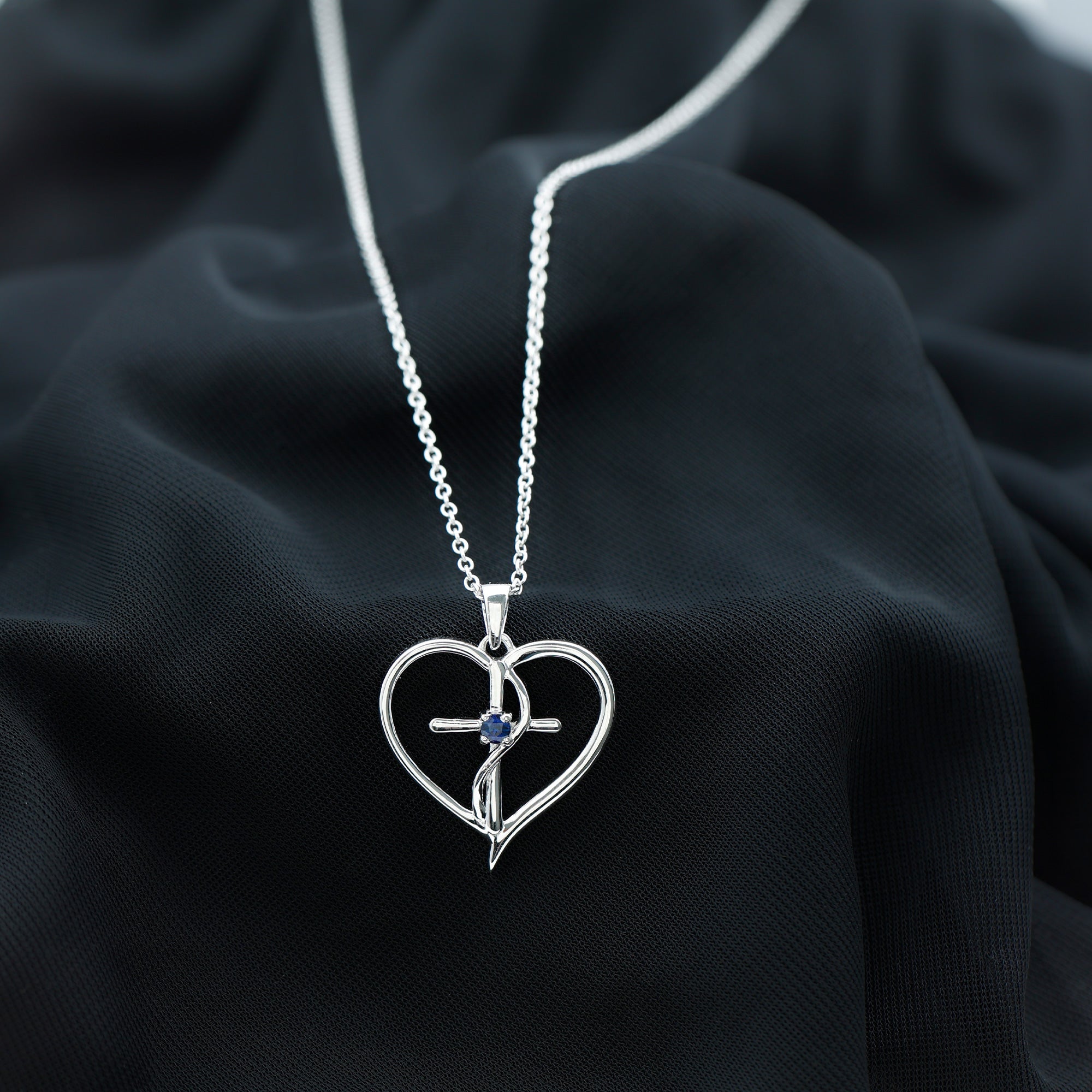 Natural Blue Sapphire Heart Cross Necklace for Women
