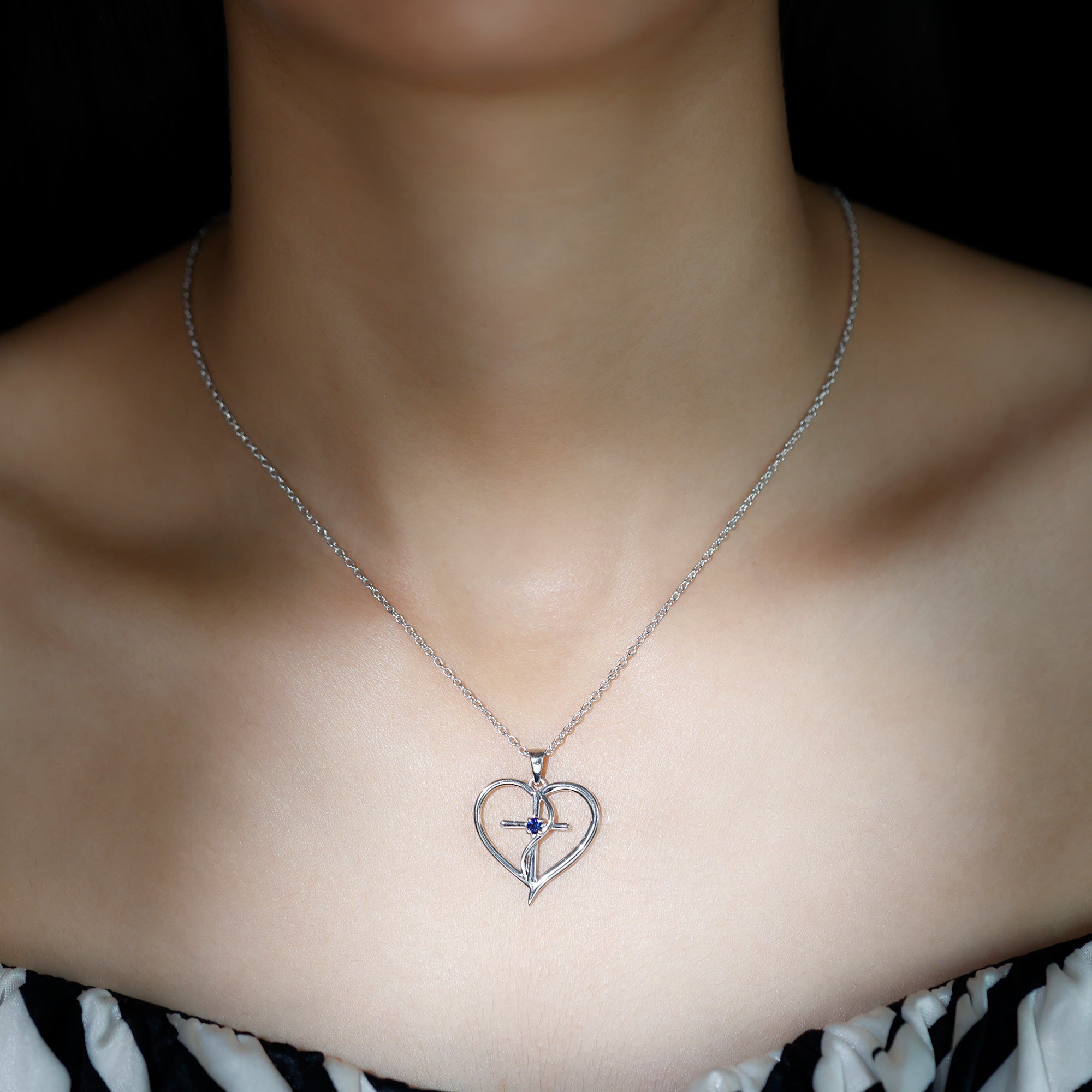 Natural Blue Sapphire Heart Cross Necklace for Women