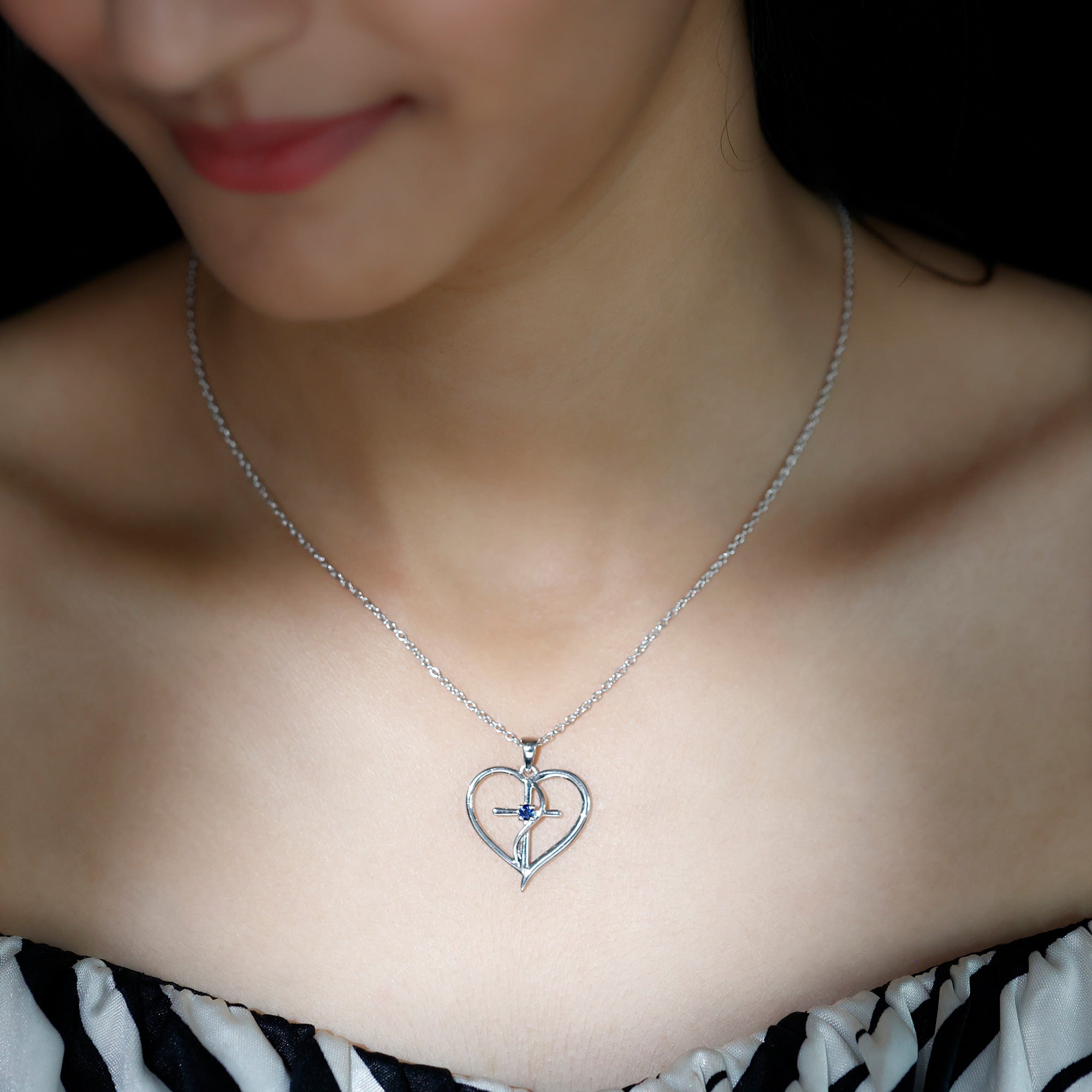 Natural Blue Sapphire Heart Cross Necklace for Women