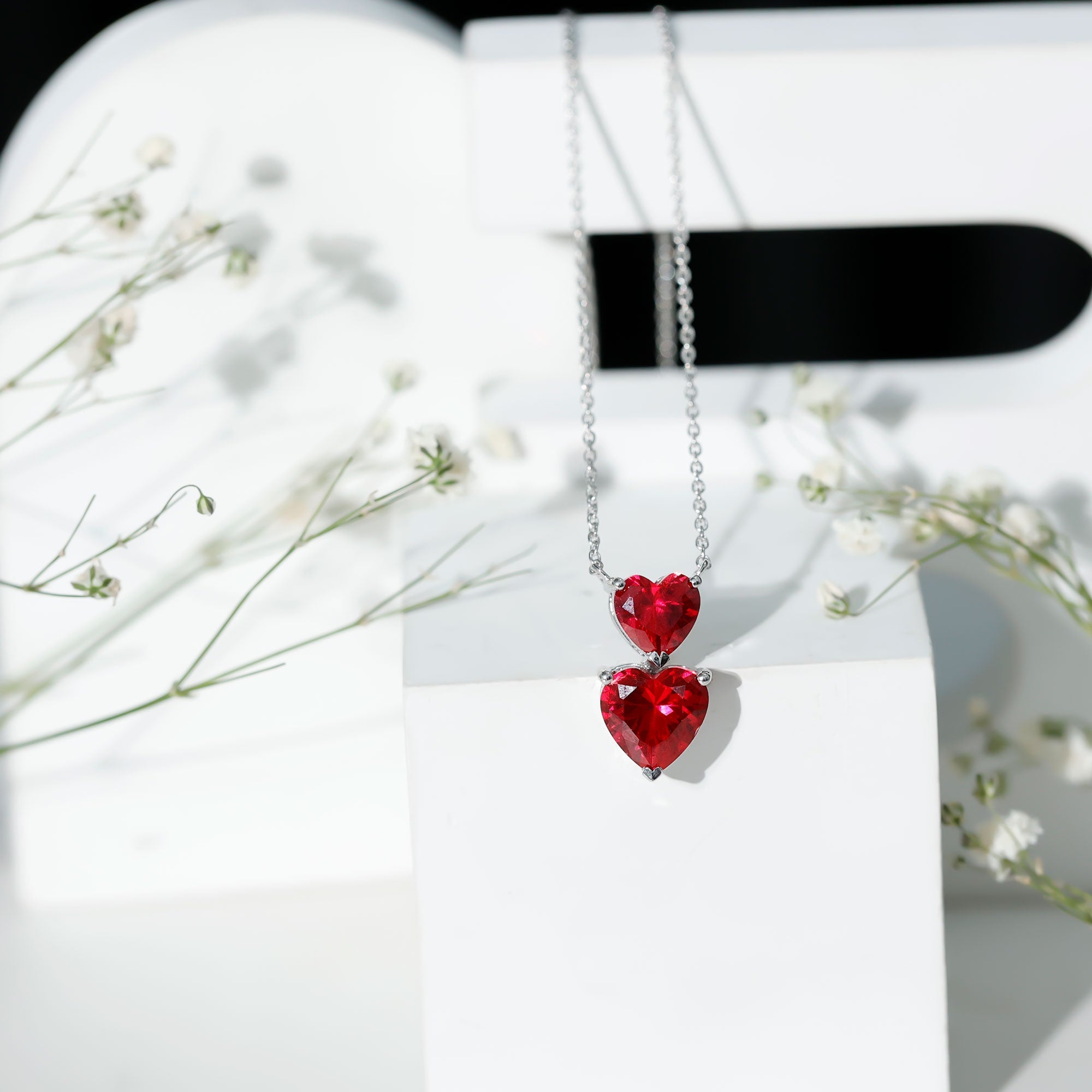 Certified Lab Created Ruby Double Heart Necklace for Women