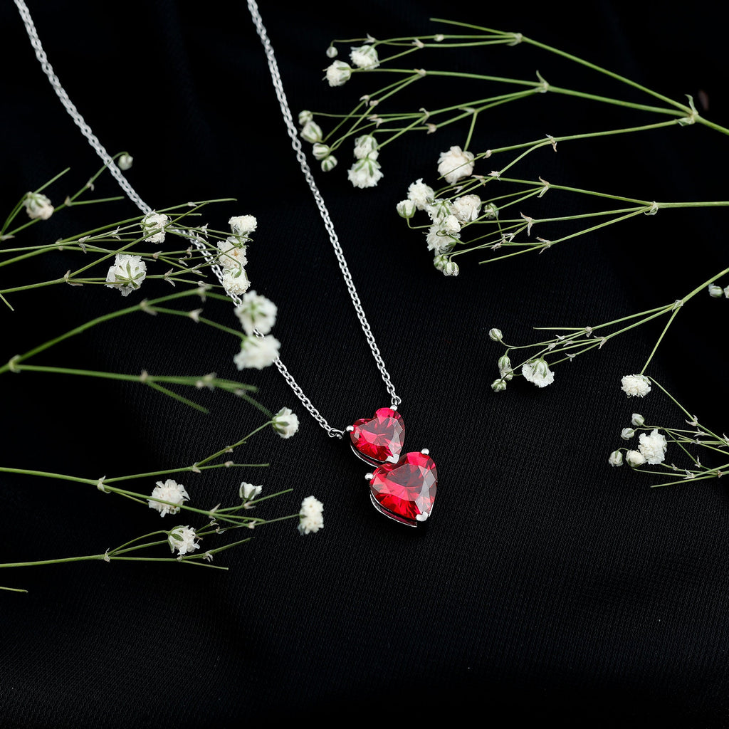 Certified Lab Created Ruby Double Heart Necklace for Women