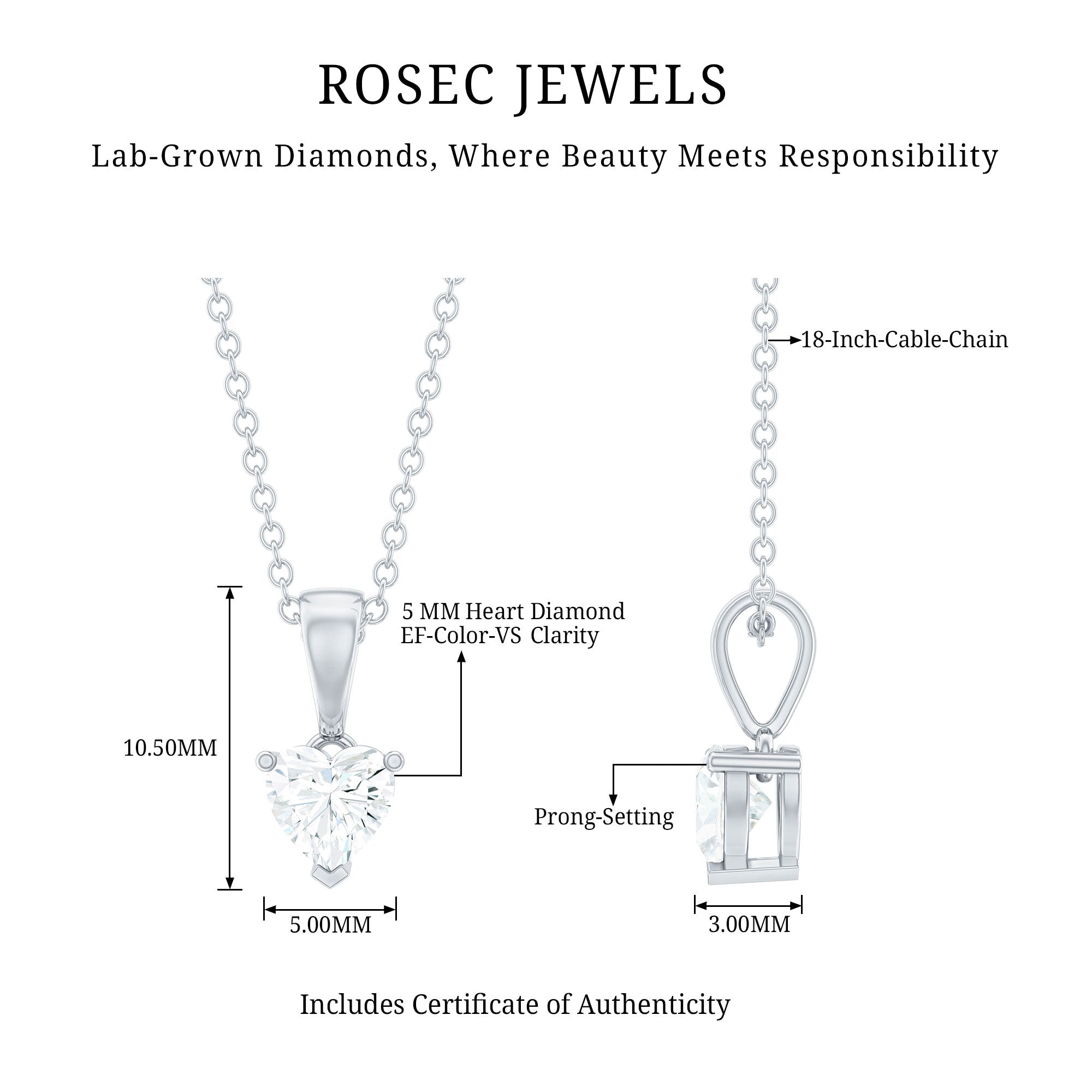 Certified Lab Grown Diamond 5 mm Heart Necklace With Silver Chain