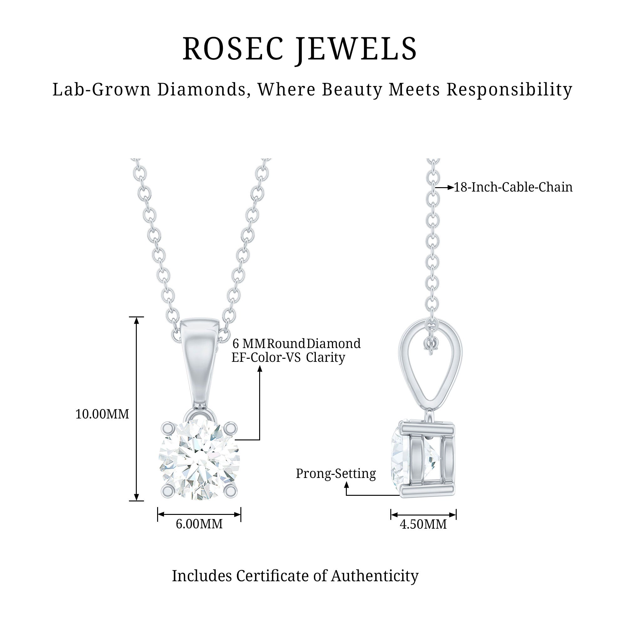 Simple 6 MM Lab Grown Diamond Solitaire Necklace with Silver Chain