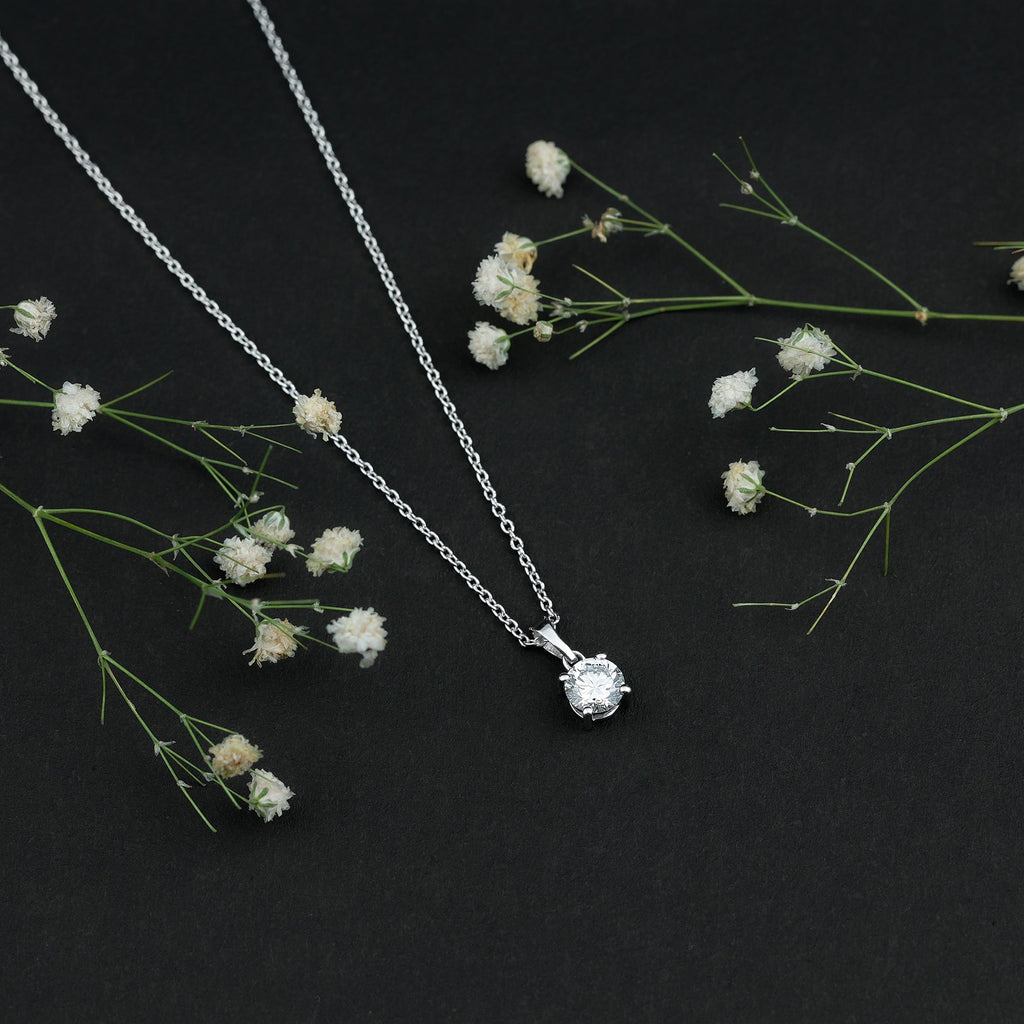 Simple 6 MM Lab Grown Diamond Solitaire Necklace with Silver Chain