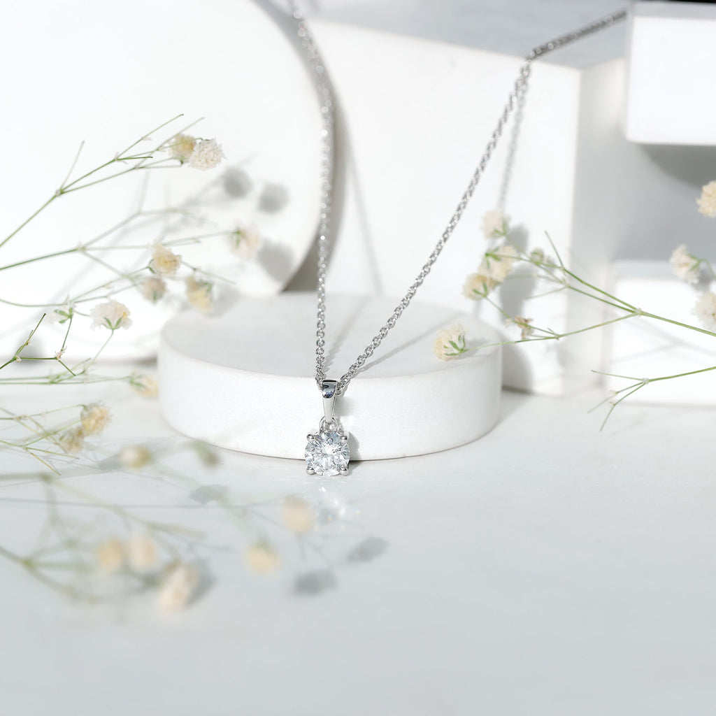 Simple 6 MM Lab Grown Diamond Solitaire Necklace with Silver Chain