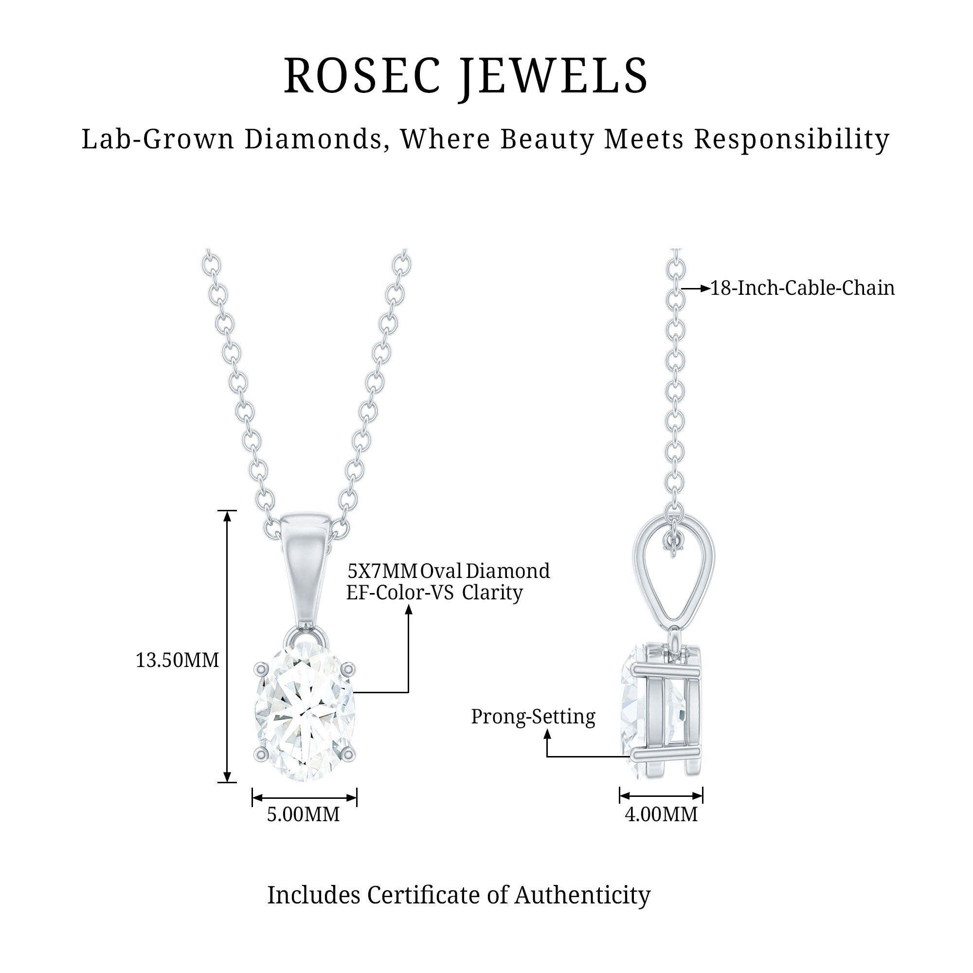 5X7 MM Lab Grown Diamond Solitaire Necklace with Chain