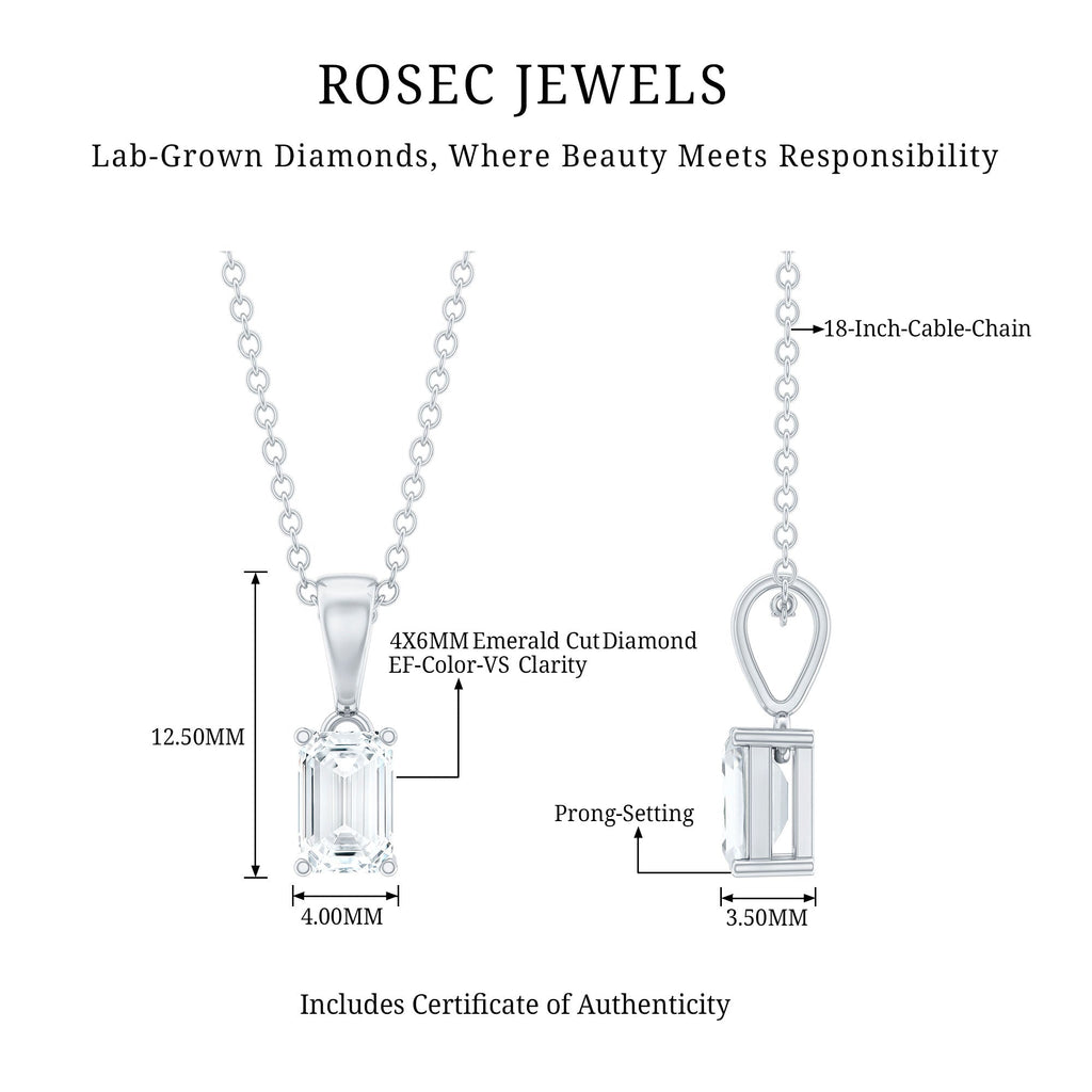 4X6MM Emerald Cut Lab Grown Diamond Solitaire Necklace with Chain