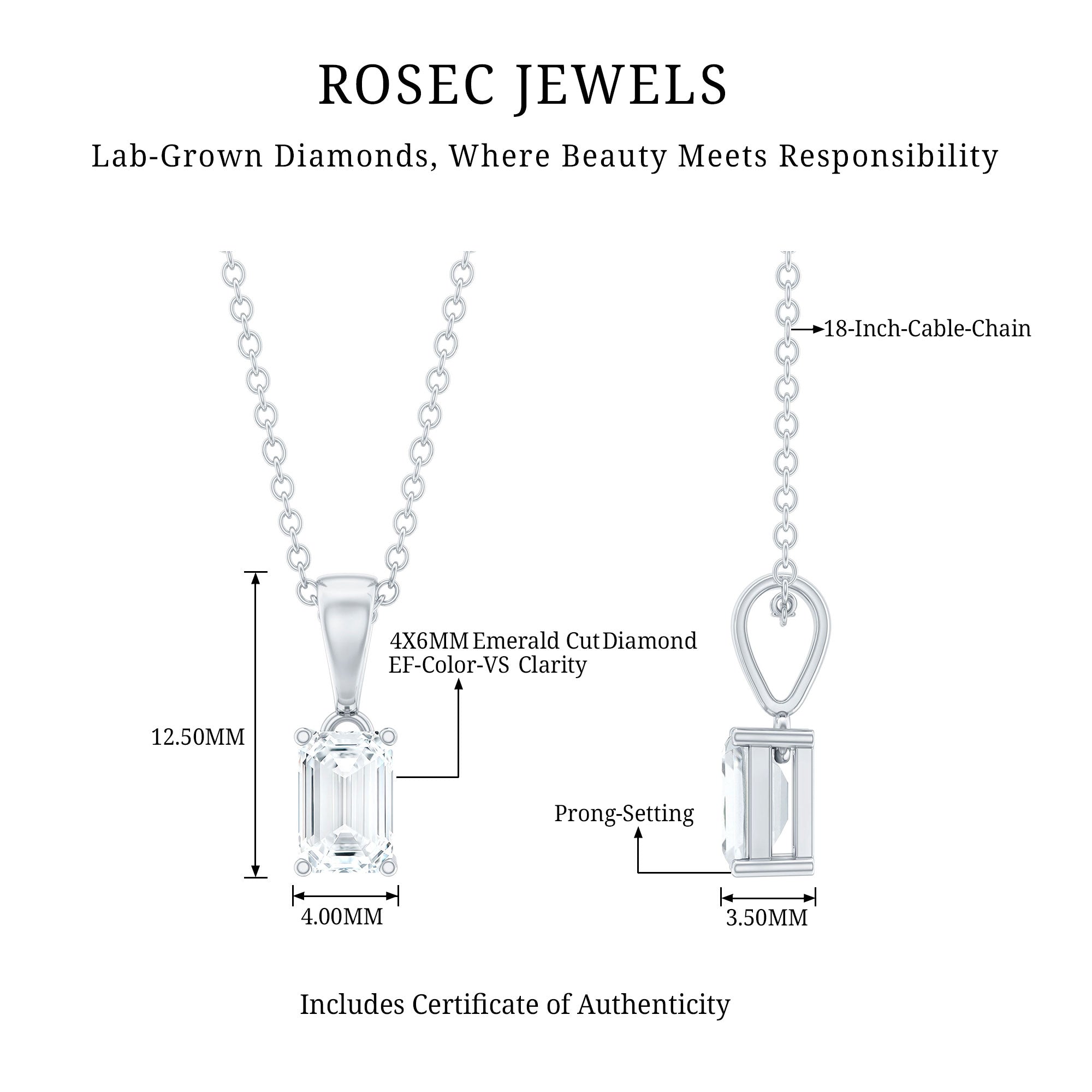 4X6MM Emerald Cut Lab Grown Diamond Solitaire Necklace with Chain