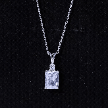 Certified 6X8 MM Emerald Cut CZ Diamond Solitaire Necklace with Silver Chain