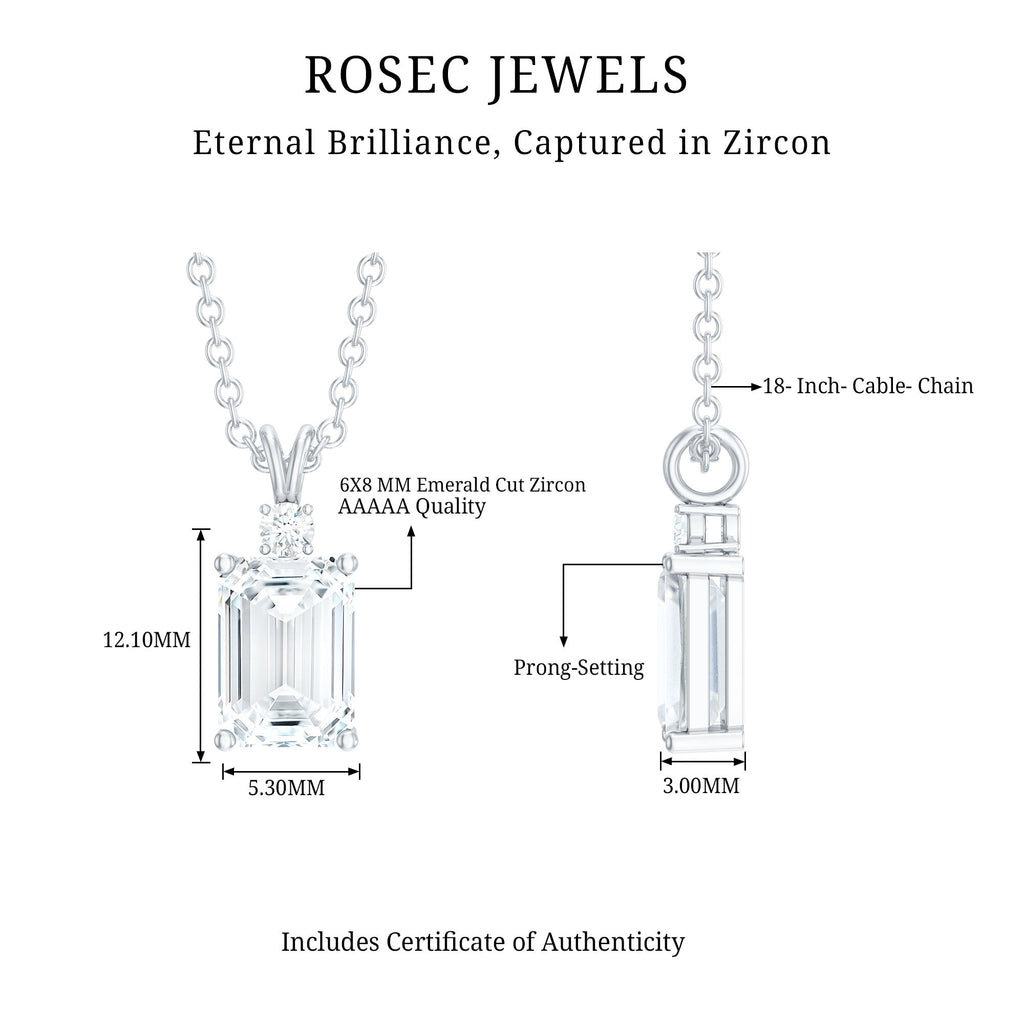Certified 6X8 MM Emerald Cut CZ Diamond Solitaire Necklace with Silver Chain
