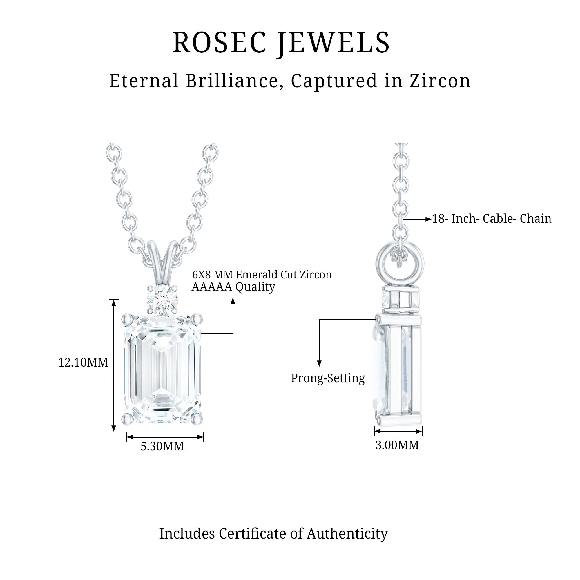 Certified 6X8 MM Emerald Cut CZ Diamond Solitaire Necklace with Silver Chain