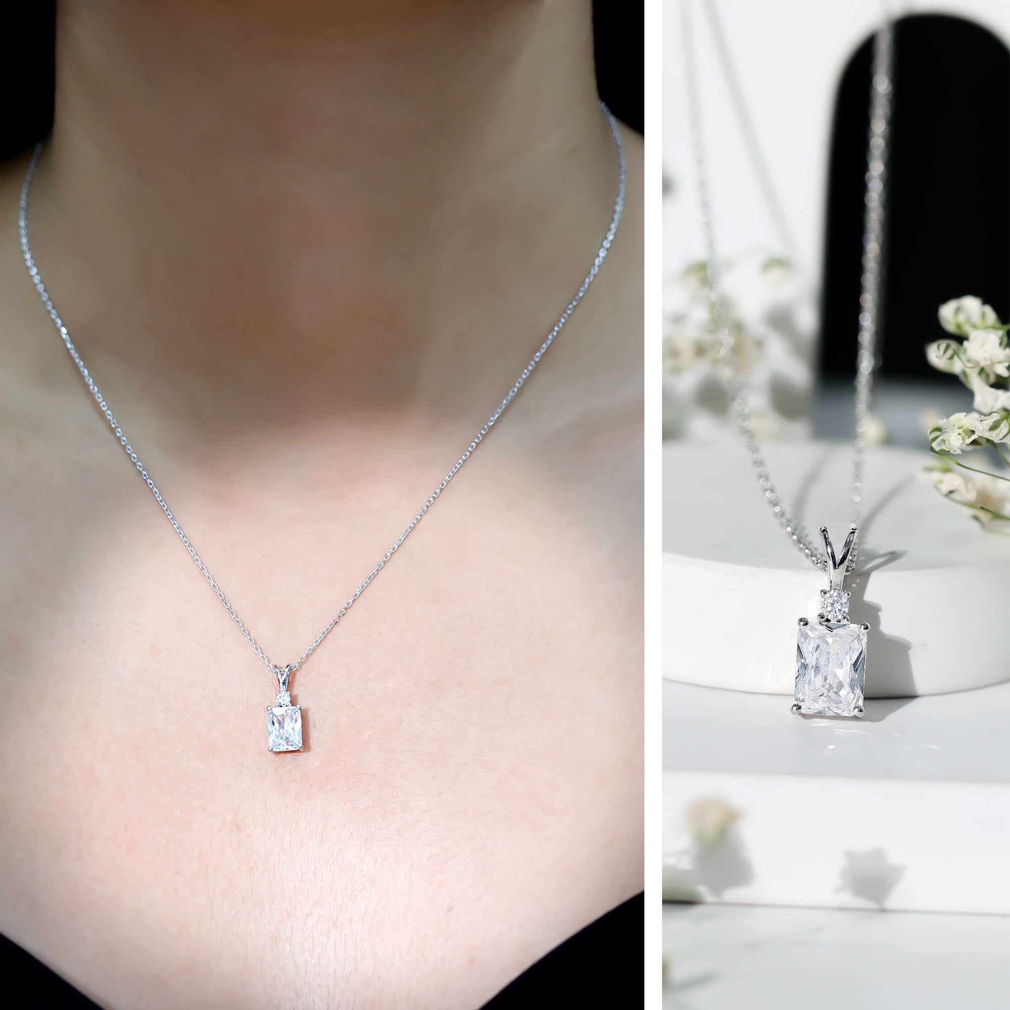 Certified 6X8 MM Emerald Cut CZ Diamond Solitaire Necklace with Silver Chain