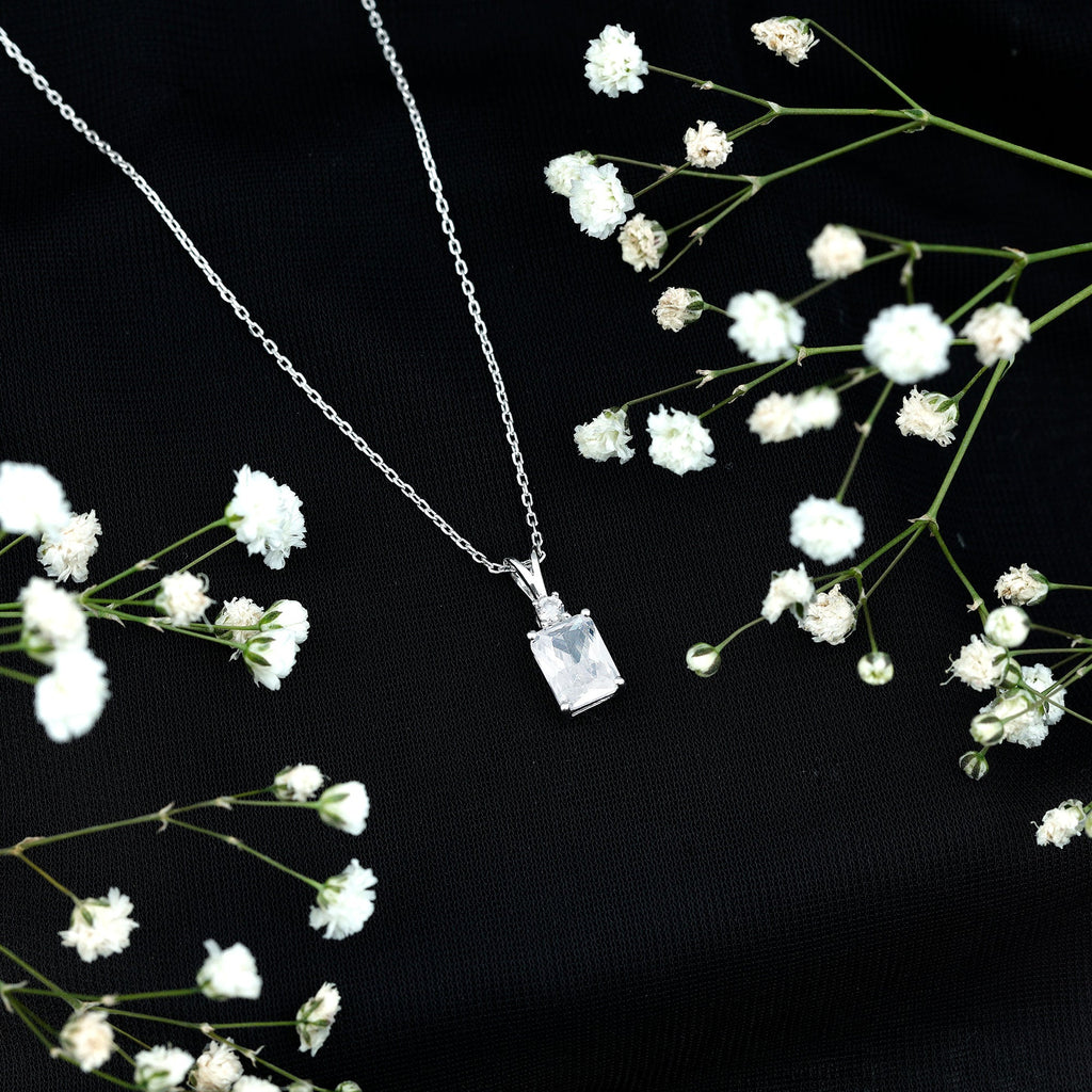 Certified 6X8 MM Emerald Cut CZ Diamond Solitaire Necklace with Silver Chain