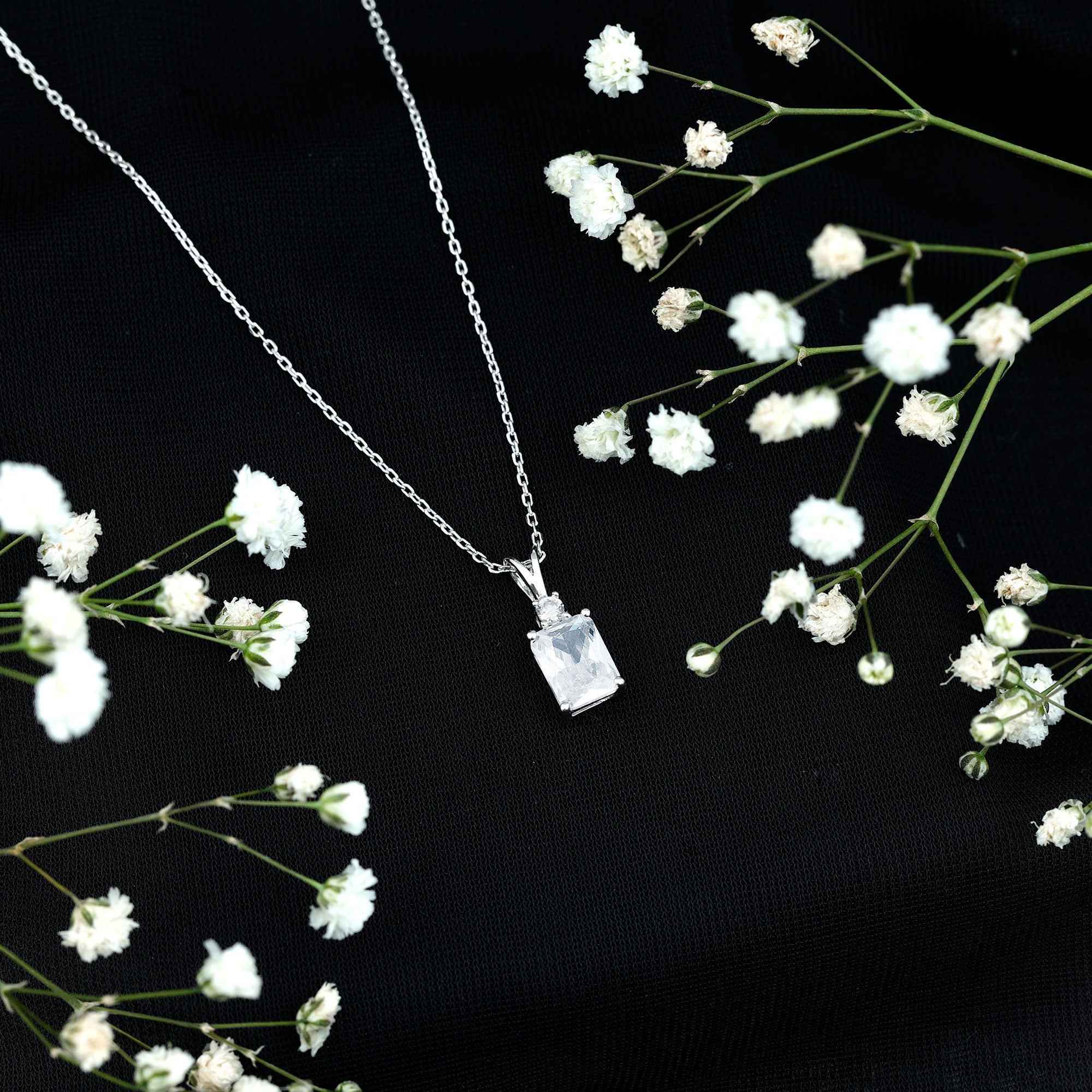 Certified 6X8 MM Emerald Cut CZ Diamond Solitaire Necklace with Silver Chain