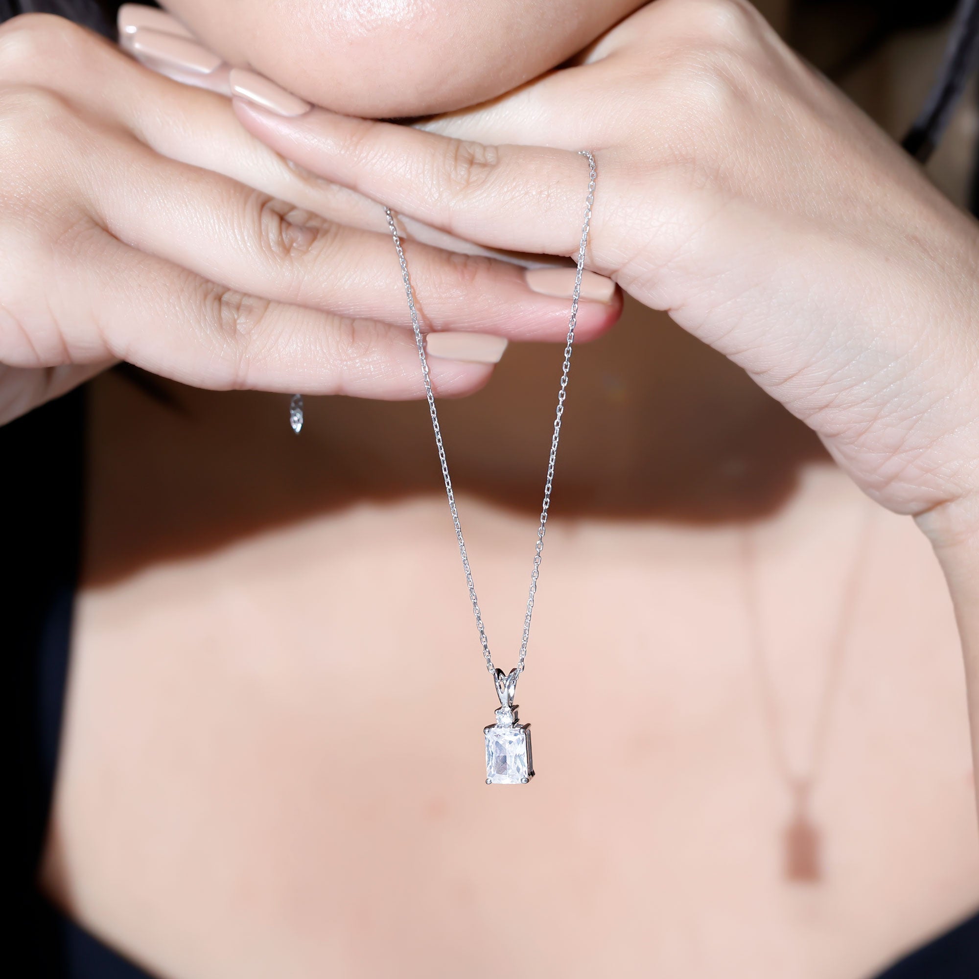 Certified 6X8 MM Emerald Cut CZ Diamond Solitaire Necklace with Silver Chain