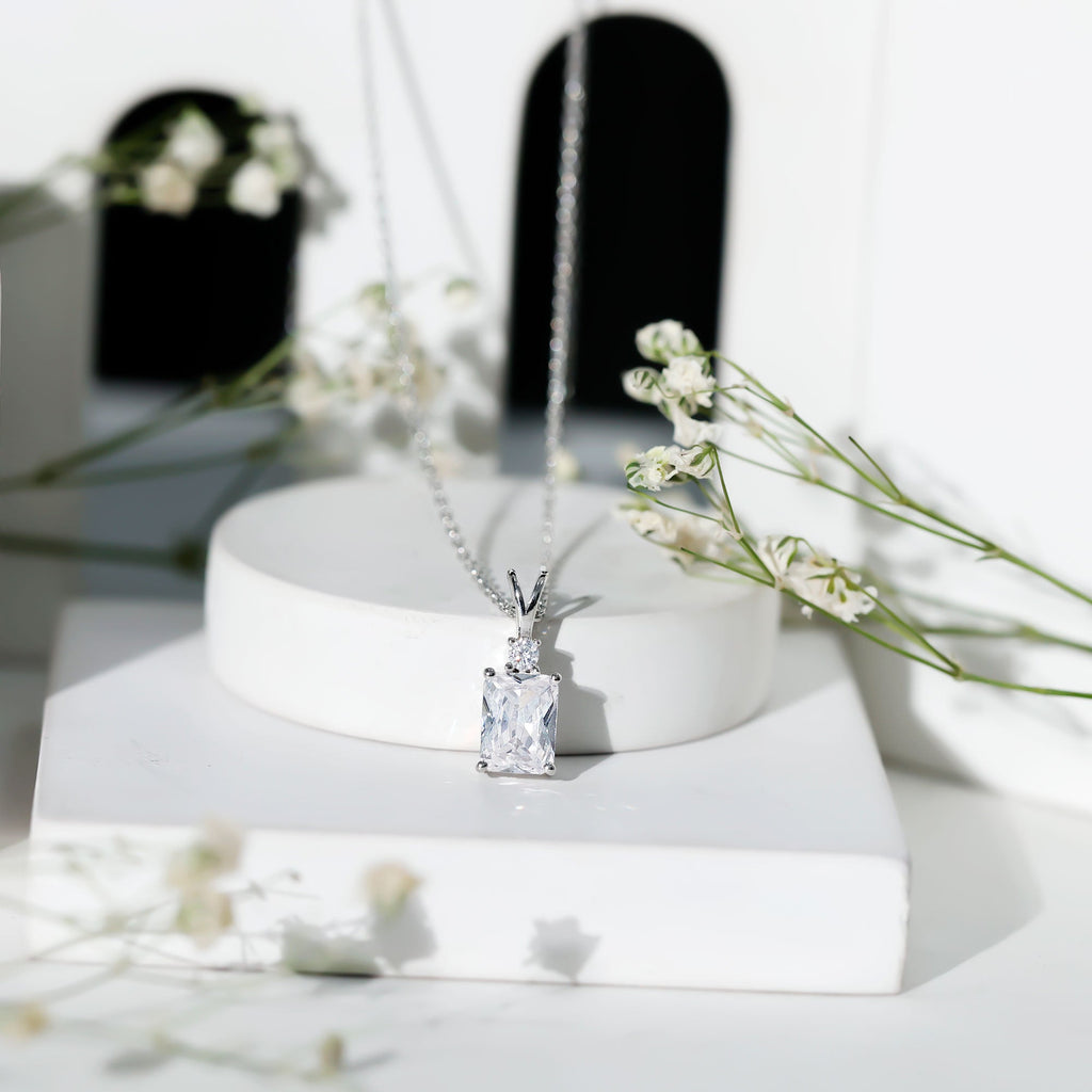 Certified 6X8 MM Emerald Cut CZ Diamond Solitaire Necklace with Silver Chain